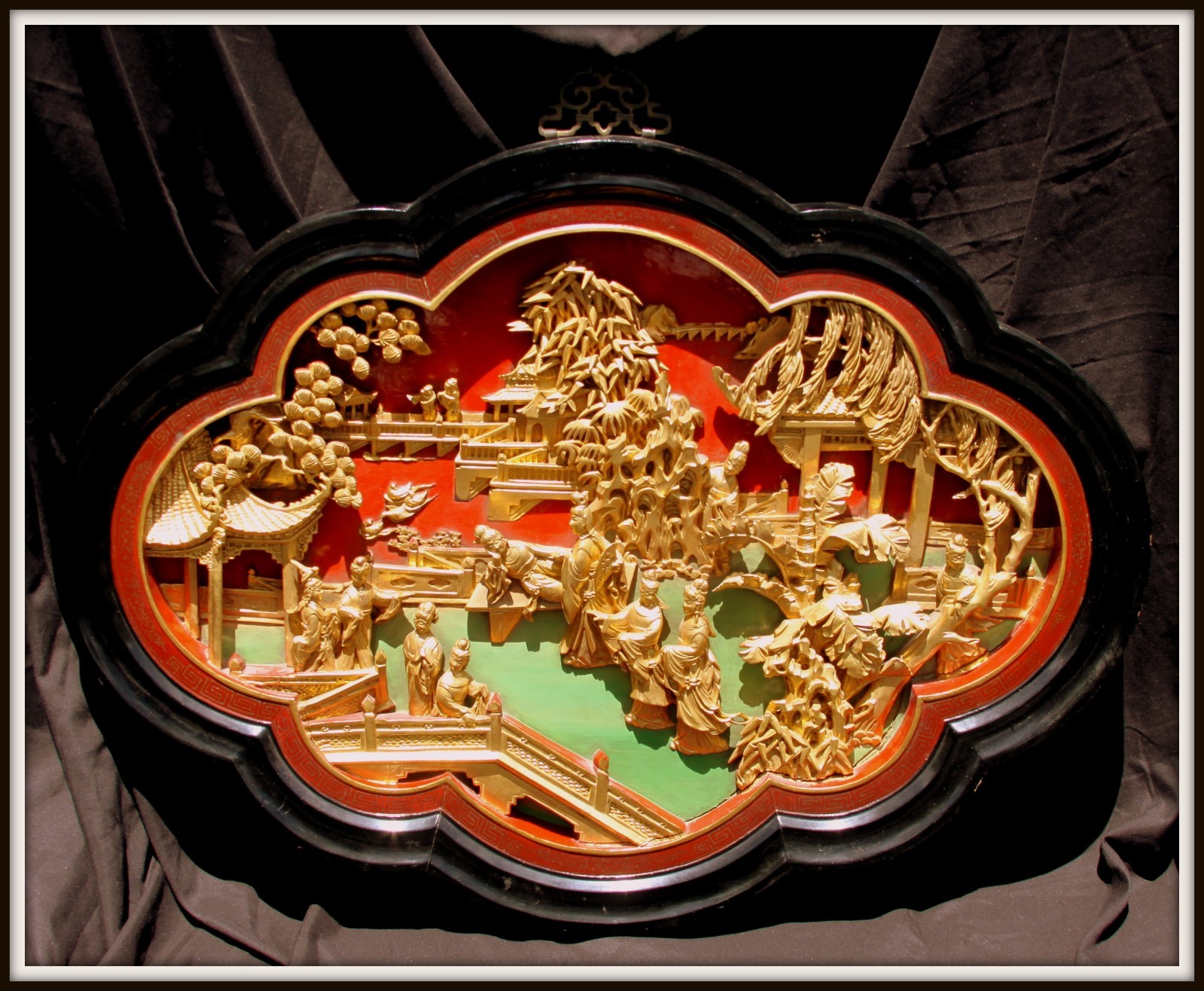 Huge”Antique Carved Gilded Chinese Three Dimensional Figural Panel”(35″W x 26″H)