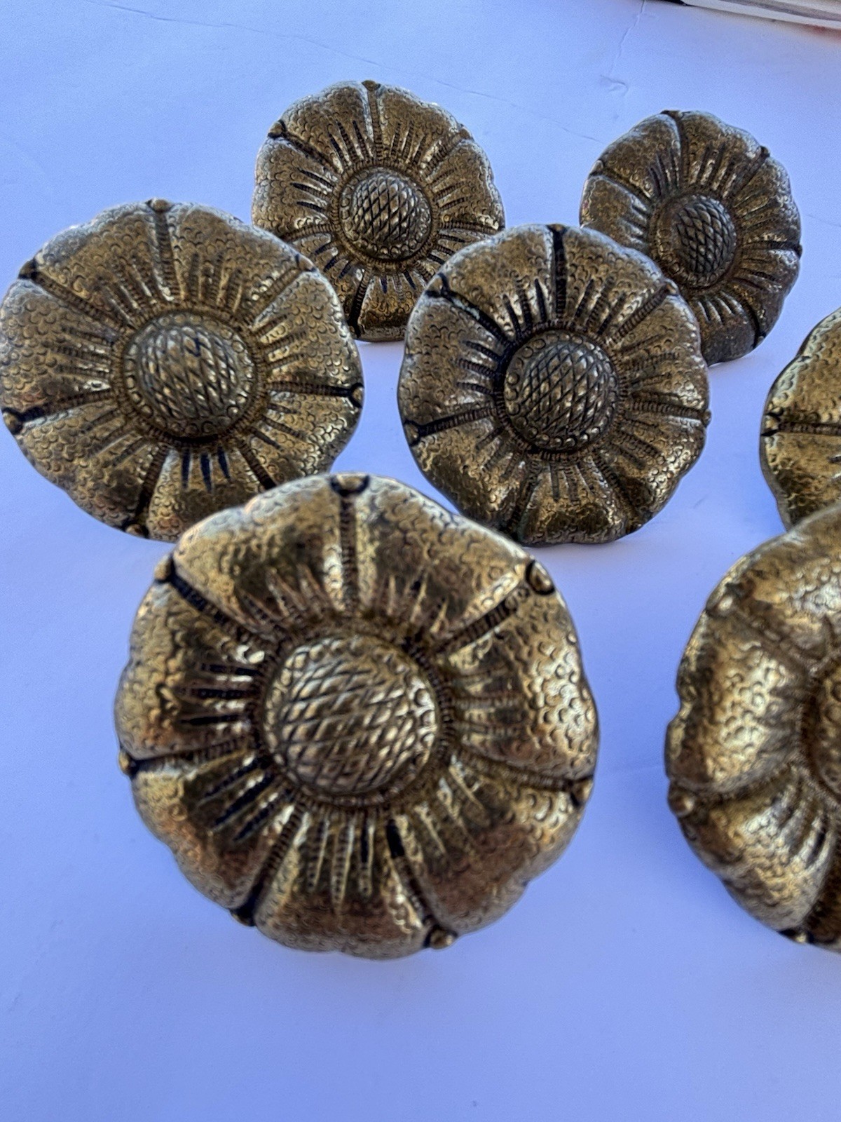Vintage Solid Brass Flower Drawer Pulls Set Of 7 Made in Portugal Large 2-1/4”