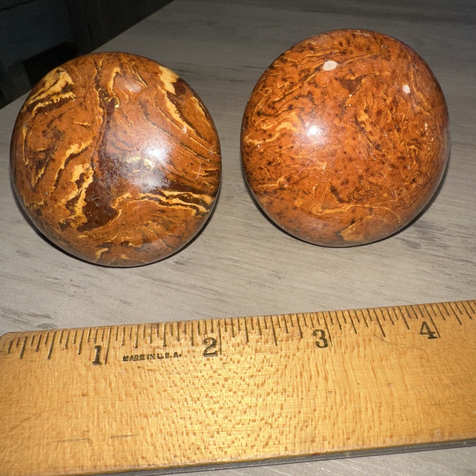 Pair Antique Brown Marble Swirl Tiger Eye Door Knobs. Damage to Shaft Area!