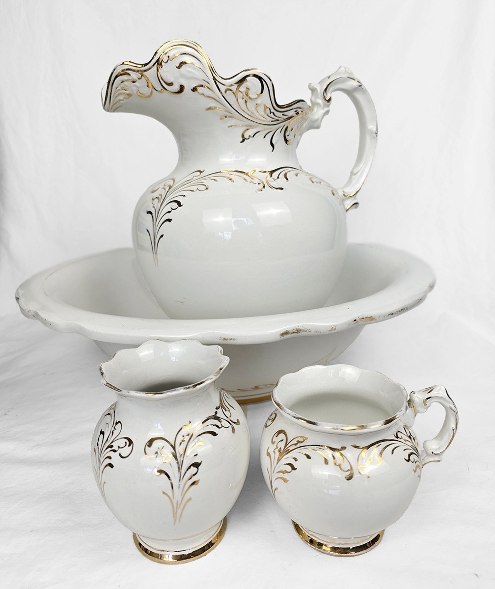 Antique USA BONITA V.P. CO. Washstand 4 Pc Set Pitcher, Basin, Rinse&Holder Mugs