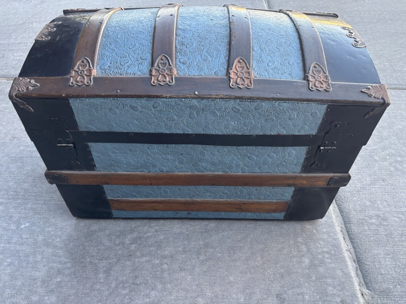 Victorian Era Dome Top Trunk Blue Embossed Tin Panels Antique Chest