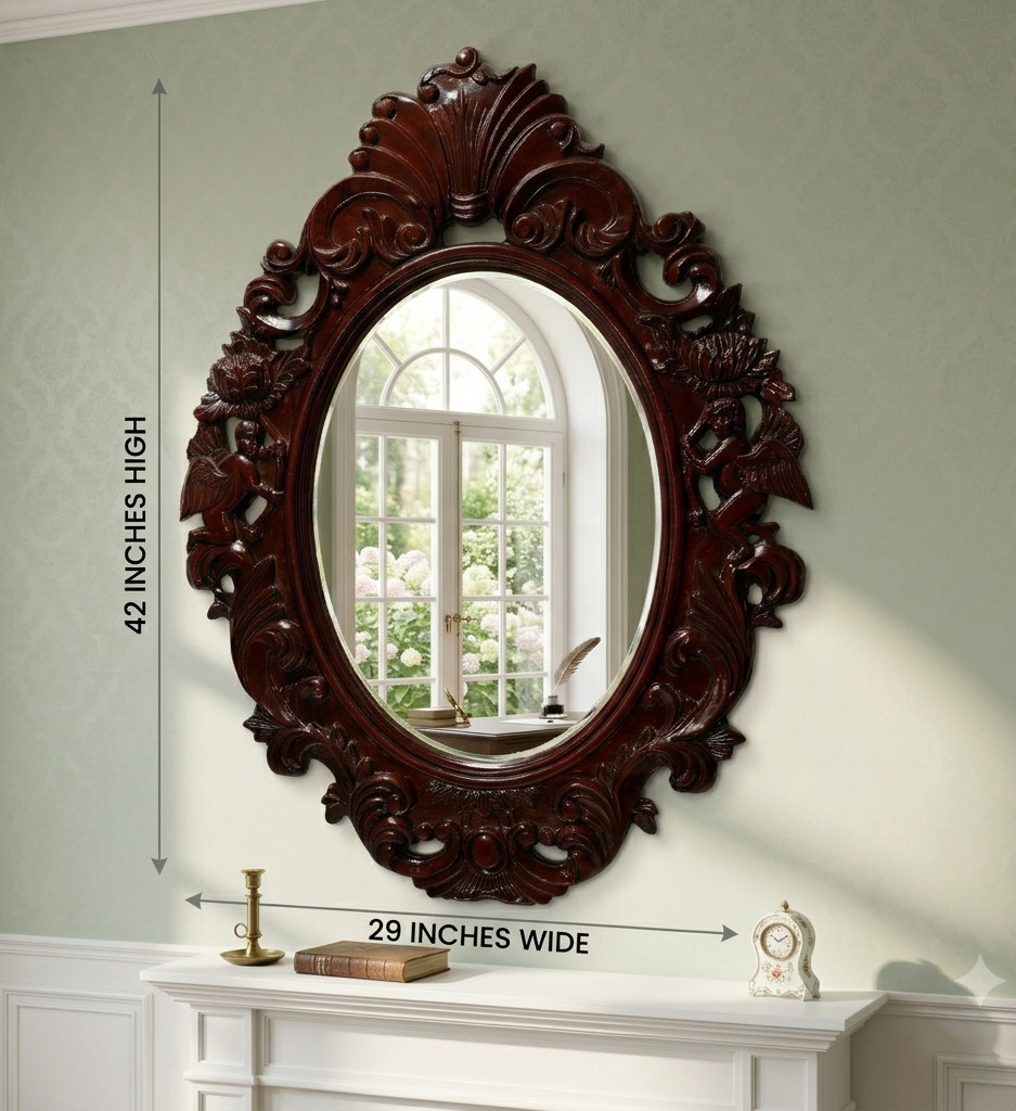 Vintage Hand Carved Wood Wall Mirror Mahogany Finish Large Ornate Cherub Oval