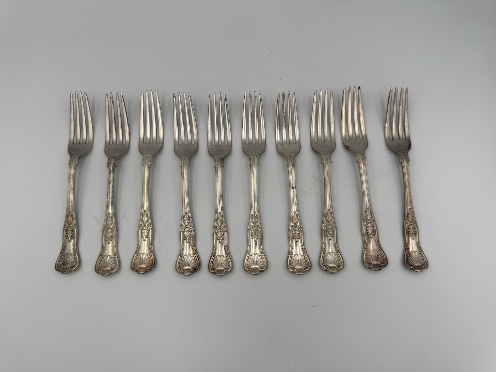10 pc set Gorham Kings II Pattern Silverplate Flatware salad forks 7″ Used Worn