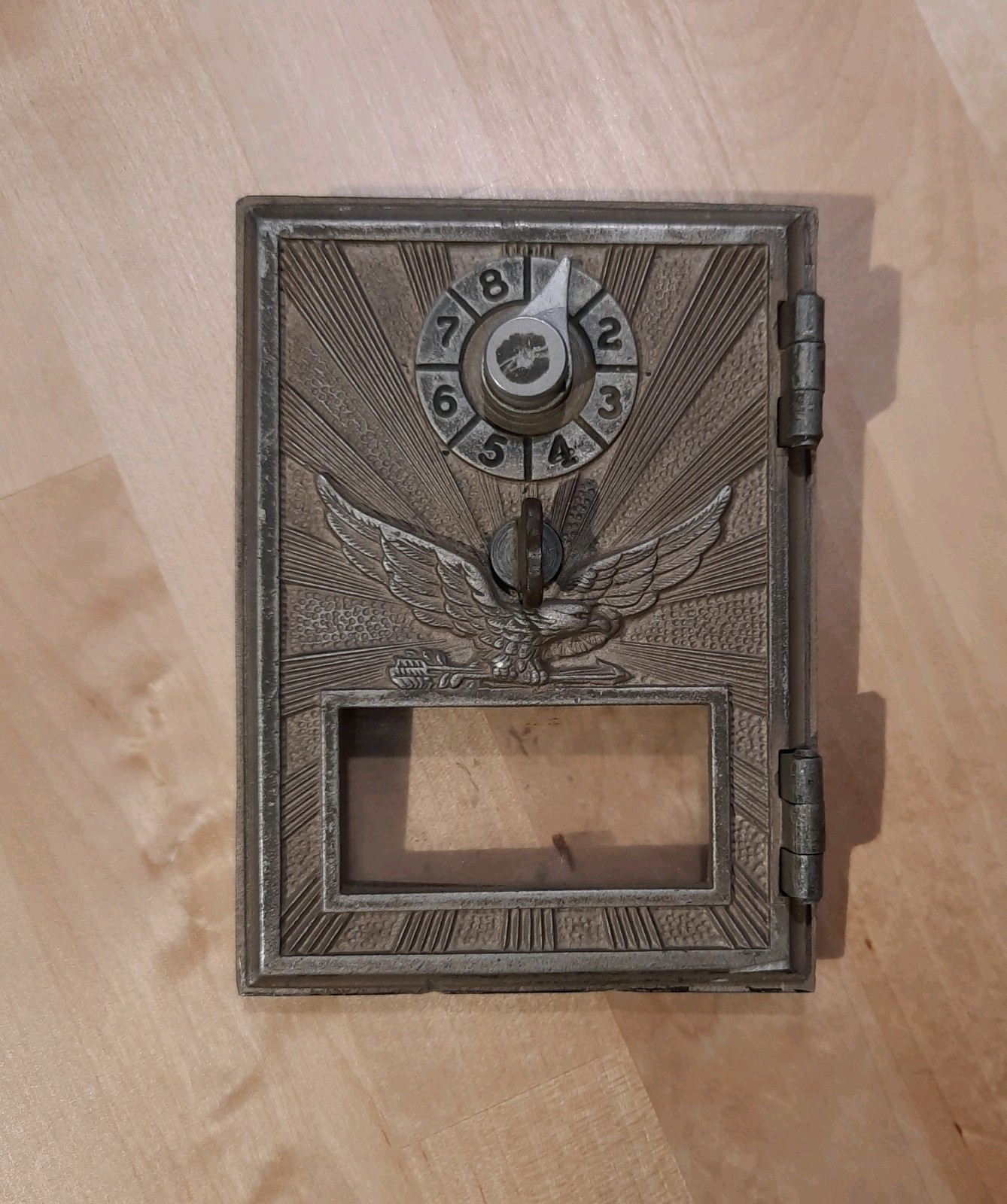 1906 Vintage Architectural Salvage Eagle Logo Mail Door With Code, glass intact
