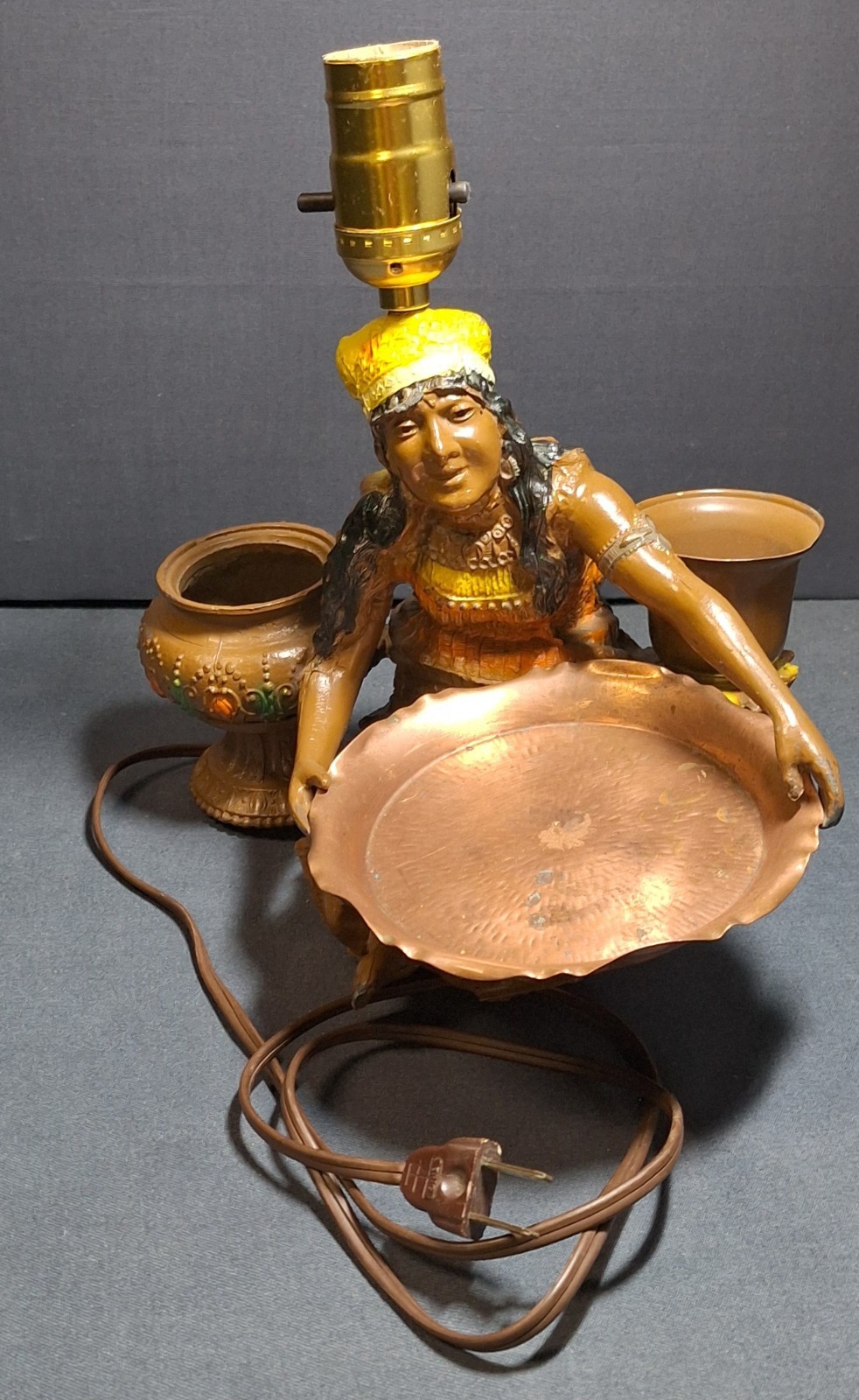 Antique Painted Spelter Orientalist Gypsy Tobacco Smoking Ashtray Table Lamp