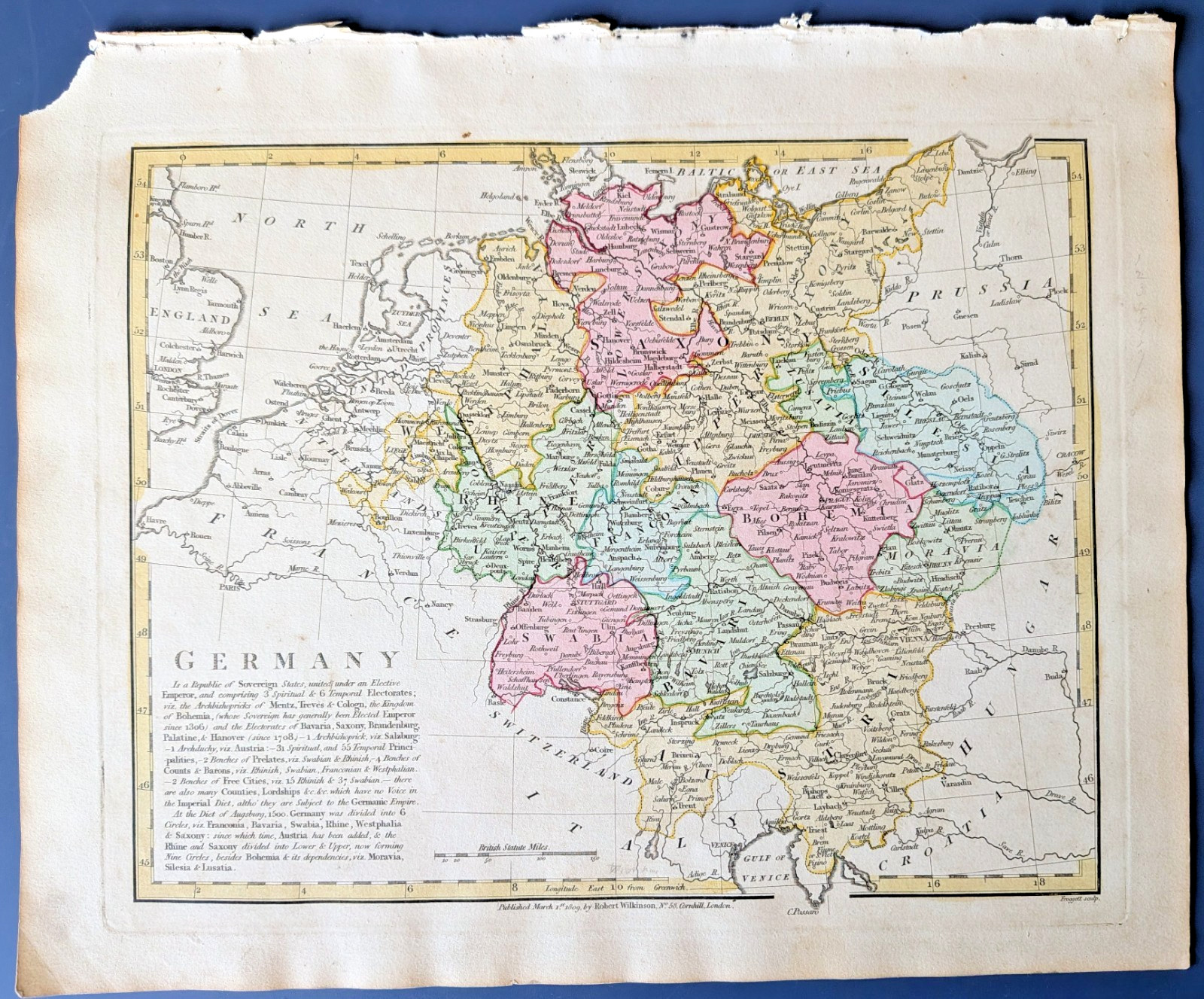 1809 Germany Map Robert Wilkinson Hand Colored Antique Holy Roman Empire Austria