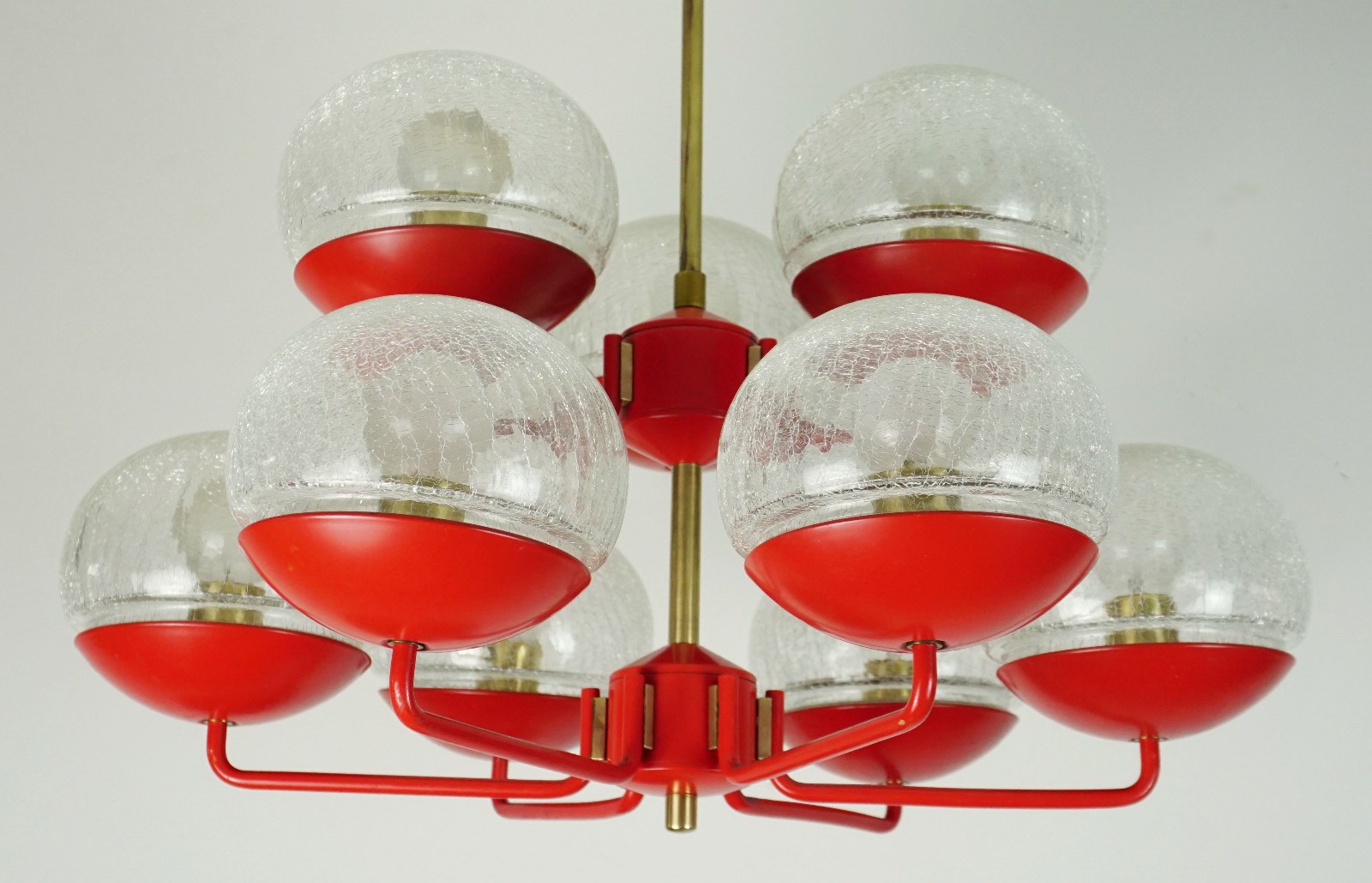 1960s 70s mid century modern CHANDELIER, red metal and brass, 9 glass shades