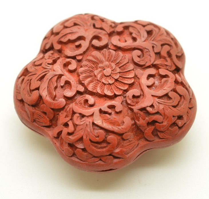 Oriental Snuff Box Red Carved Chinese Cinnabar Trinket Flowers Round Blue Enamel