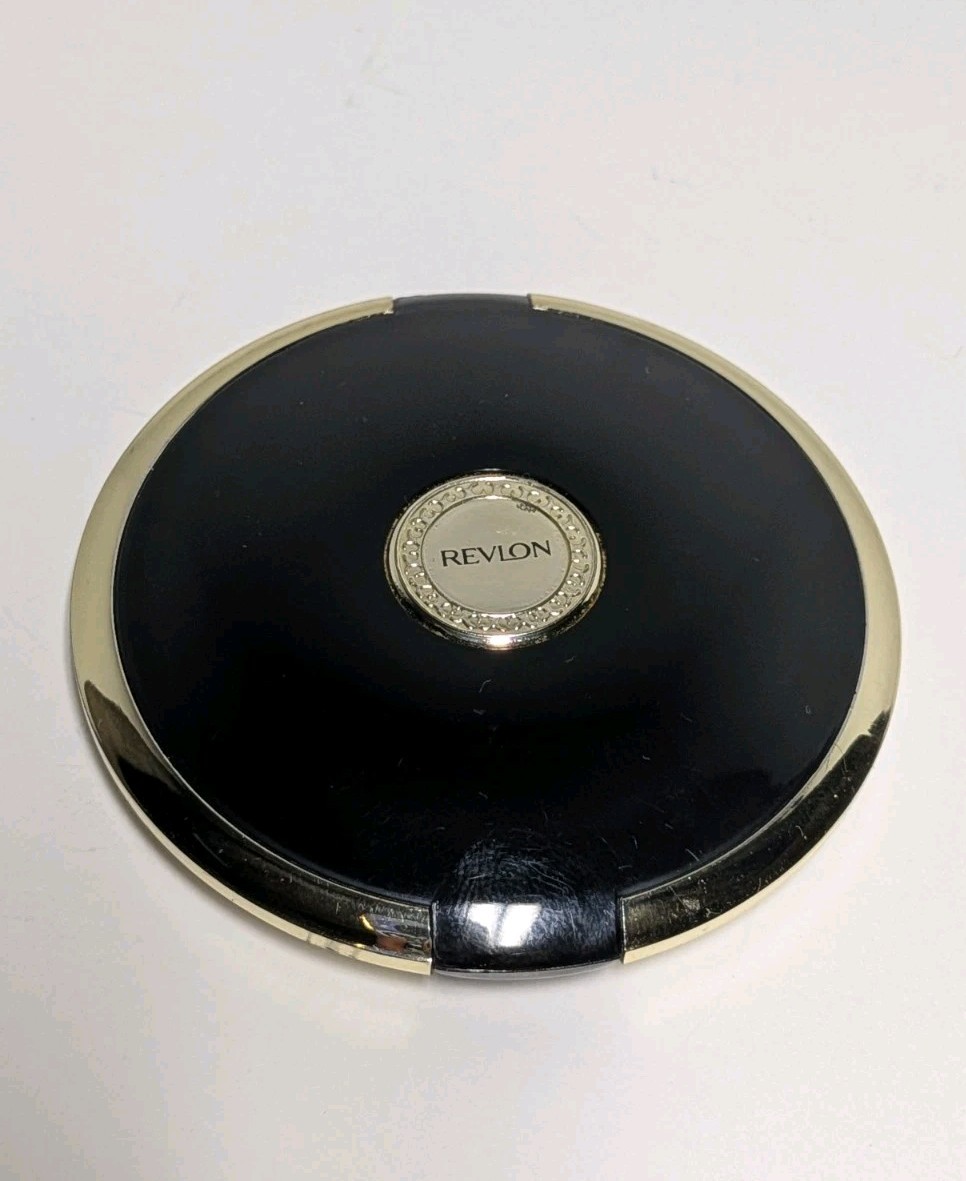 Vintage Revlon Compact Mirror Black Gold Tone Purse Makeup Mirror Pocket Travel