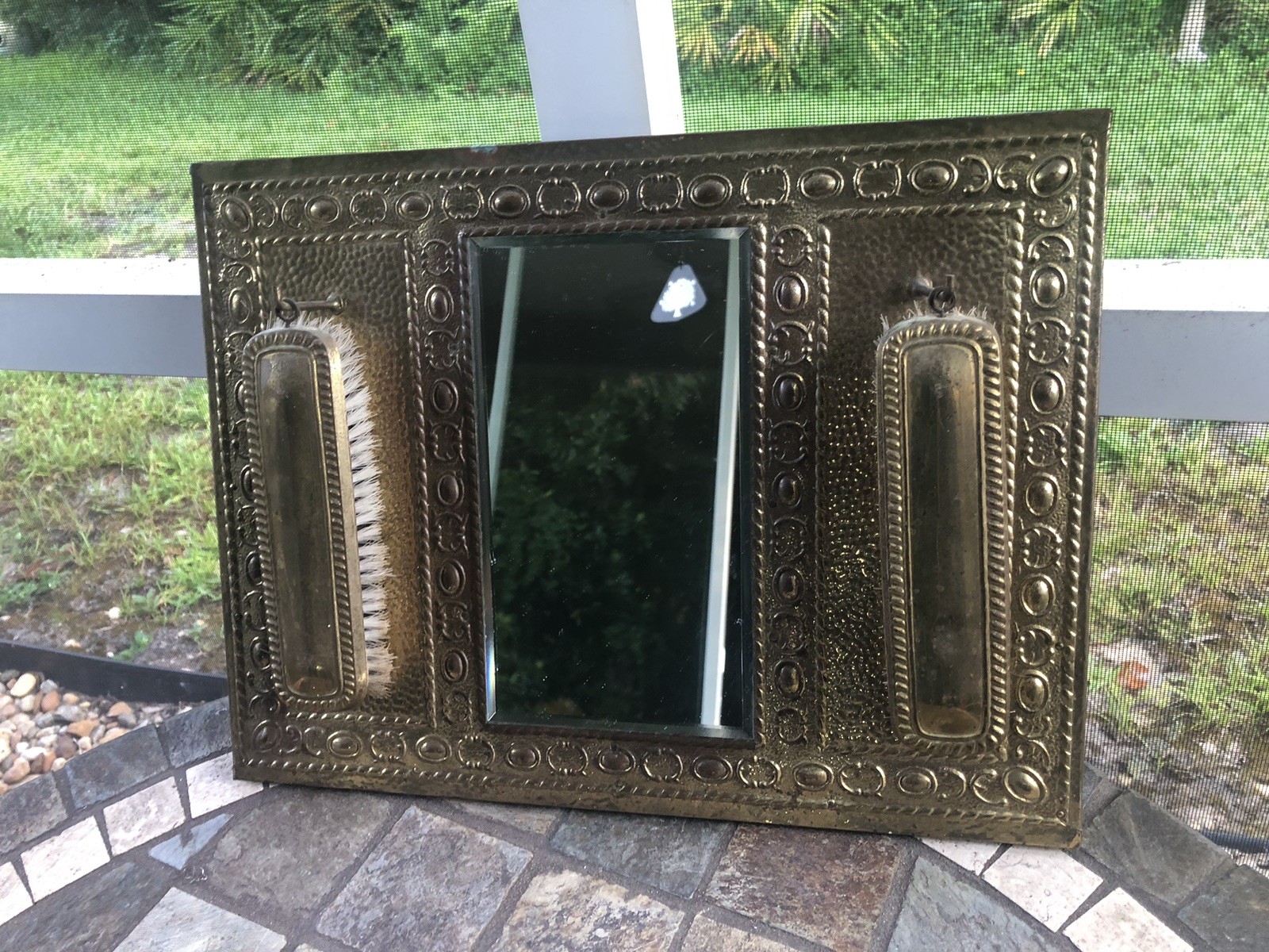 Antique Brass Beveled Wall Dressing Mirror With Clothes Brushes