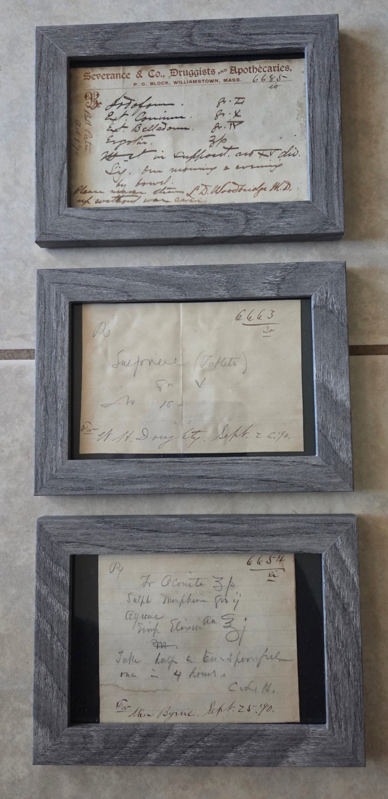 Three Framed 1890 Antique Prescriptions: ERGOT, MORPHINE & SULFONAL (Hypnotic)