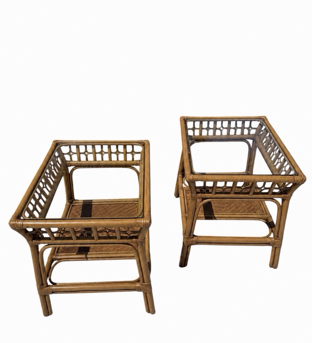 Pair of Vintage Mid Century Modern Bamboo Rattan End Side Tables with Glass Tops