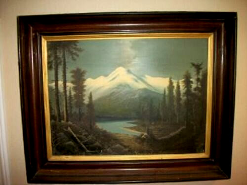 Antique Victorian Landscape Oil Painting Dark Moody Huge Walnut Frame Initial