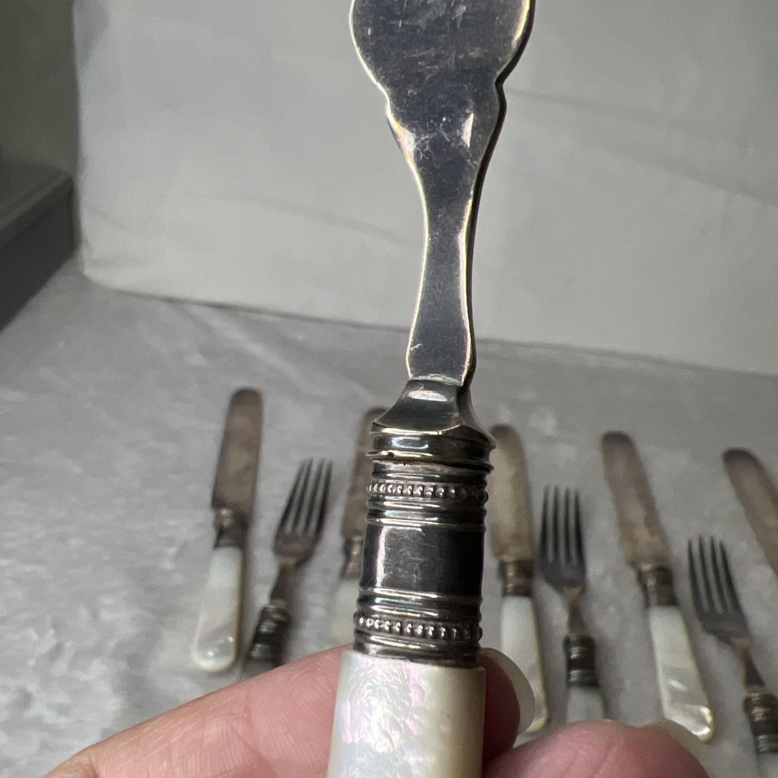 Lot Set 12 Mother of Pearl Fish Knives Forks Sterling Band Ferrule Storage Cloth