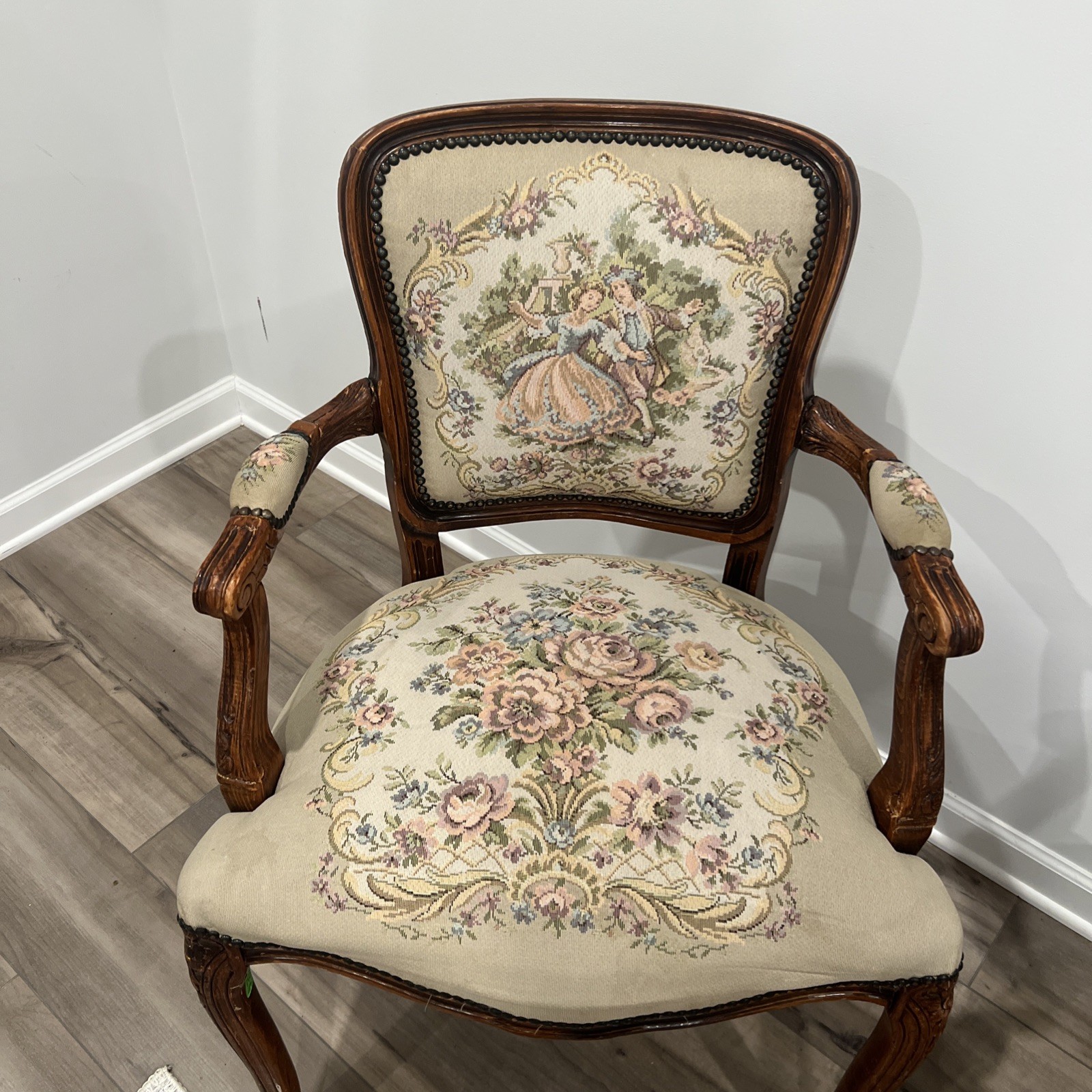 20th C. Chateau d’ax Louis XV- Needlepoint Tapestry Chair (4 available)