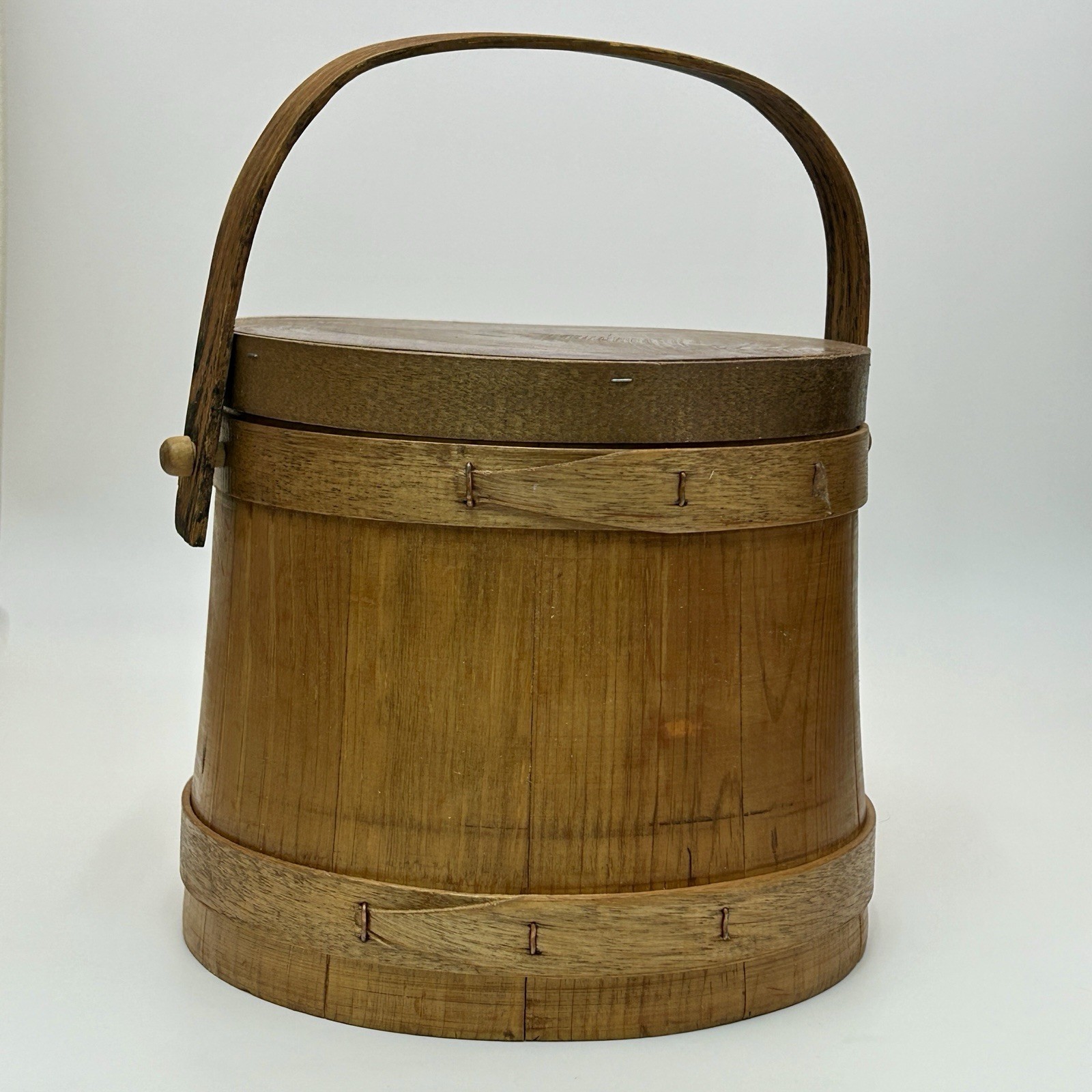 Wood Firkin Sugar Bucket Lid Bentwood Bail Handle Primitive 1970s VTG
