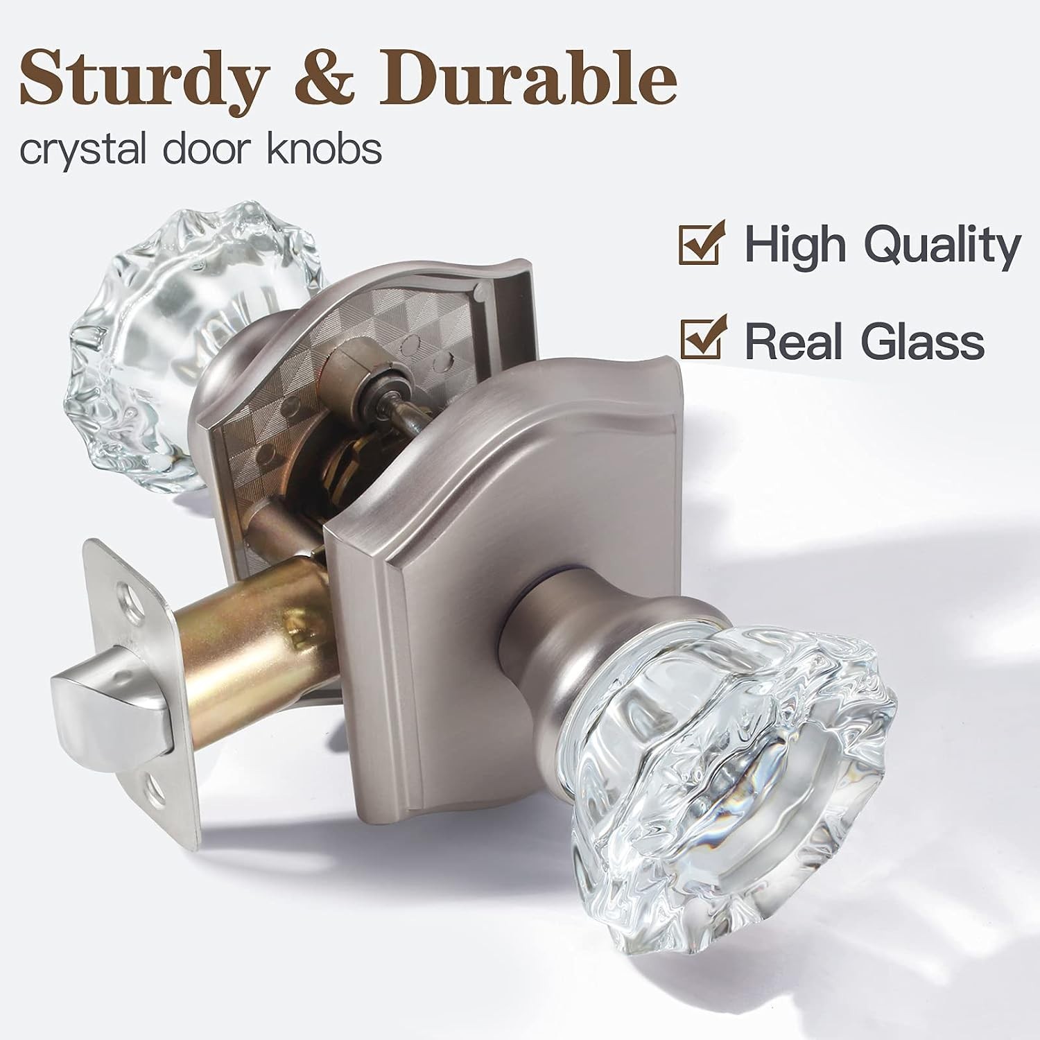 Glass Door Knobs with Lock, Brushed Nickel Finish