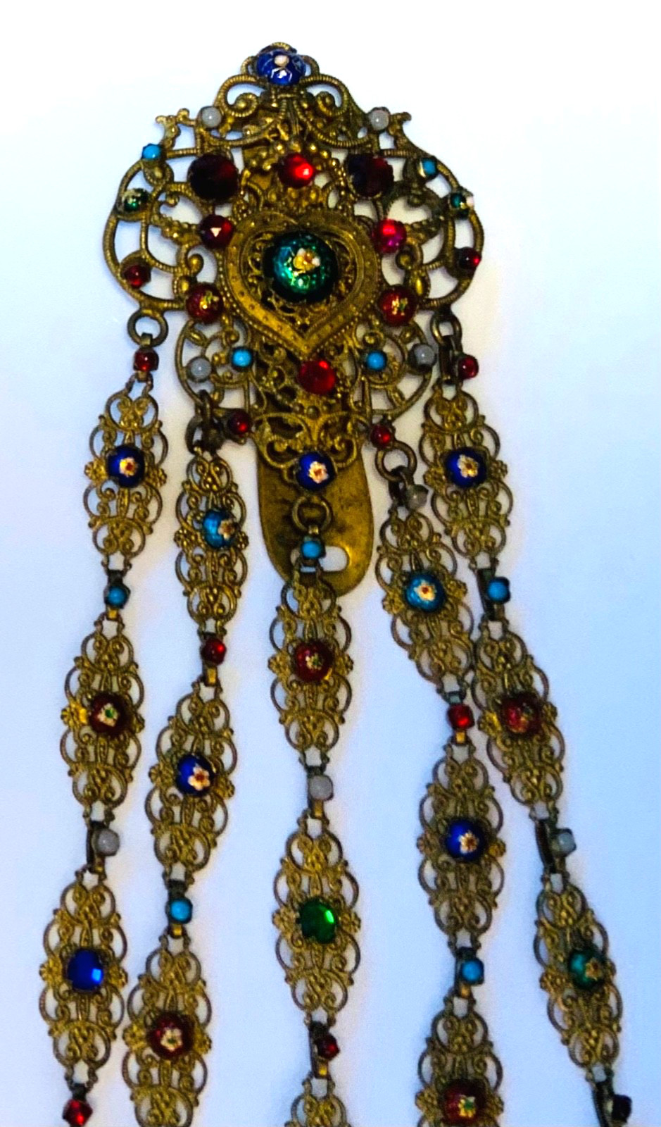 STUNNING! EXTREMELY ORNATE Antique BRASS*JEWELED*ENAMEL*FRENCH*Vanity CHATELAINE