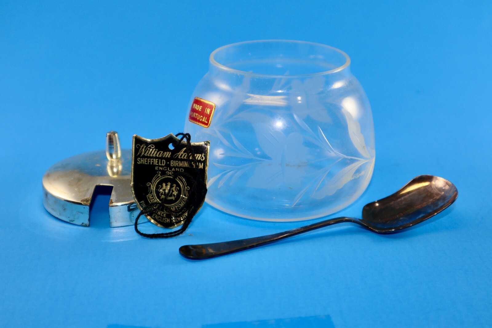 Antique Floral Crystal Jam Jelly Jar + Sterling Silver  Lid + Spoon SET