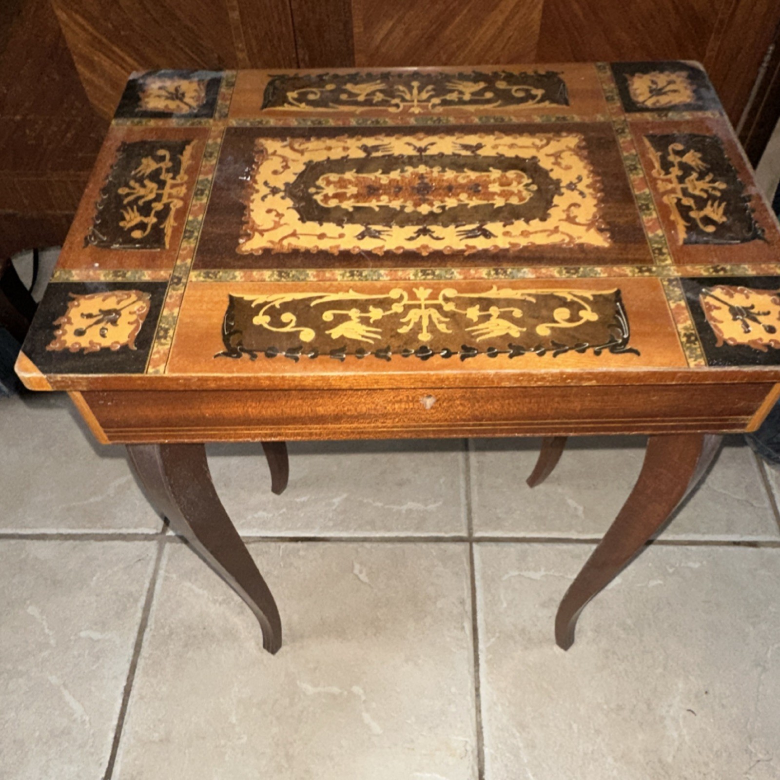 Antique Italian Wood Accent Table Inlaid-Locks. Jewelry Box? Secret Storage?