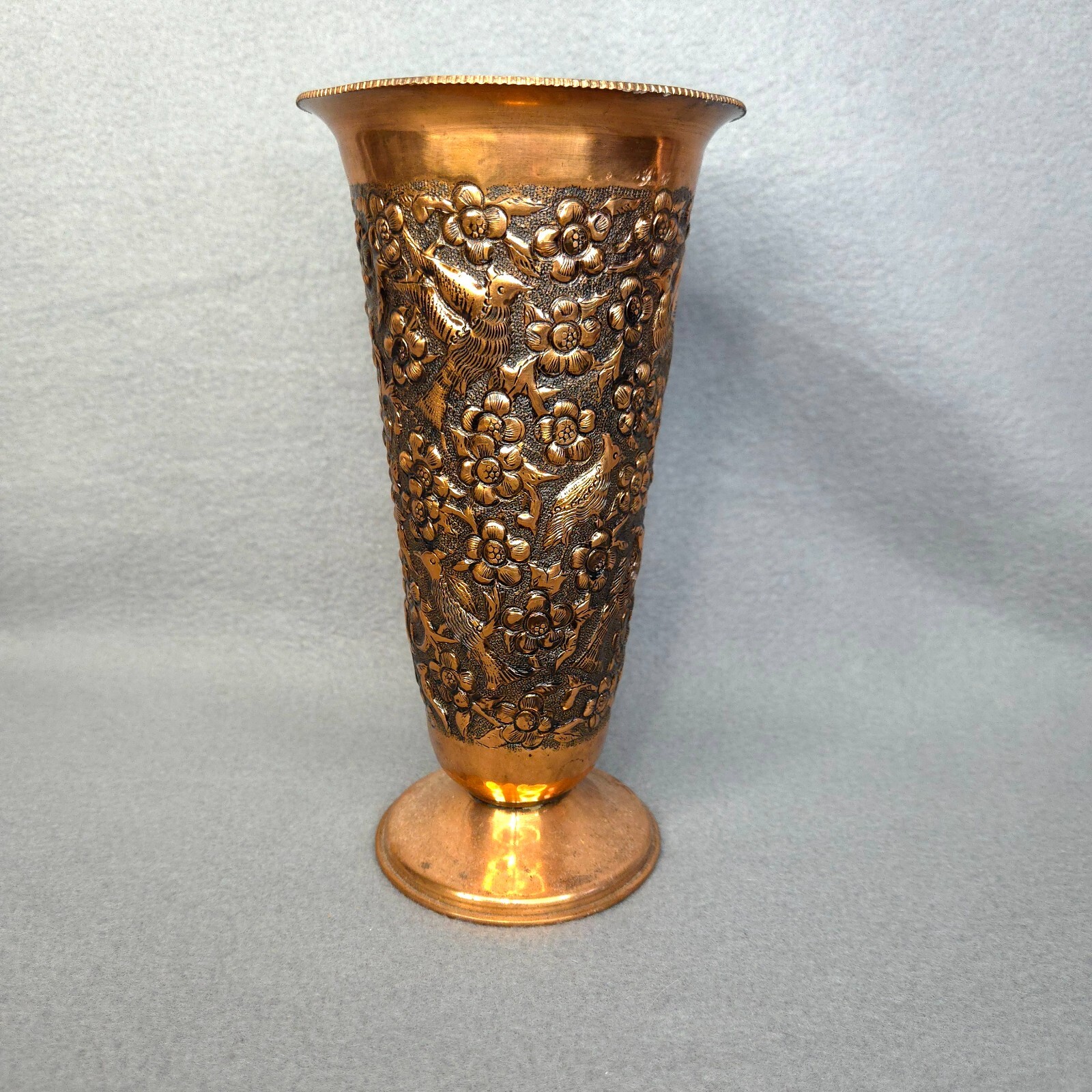 Vintage Embossed Birds & Flowers Solid Copper Middle Eastern Vase – 7.75 inches