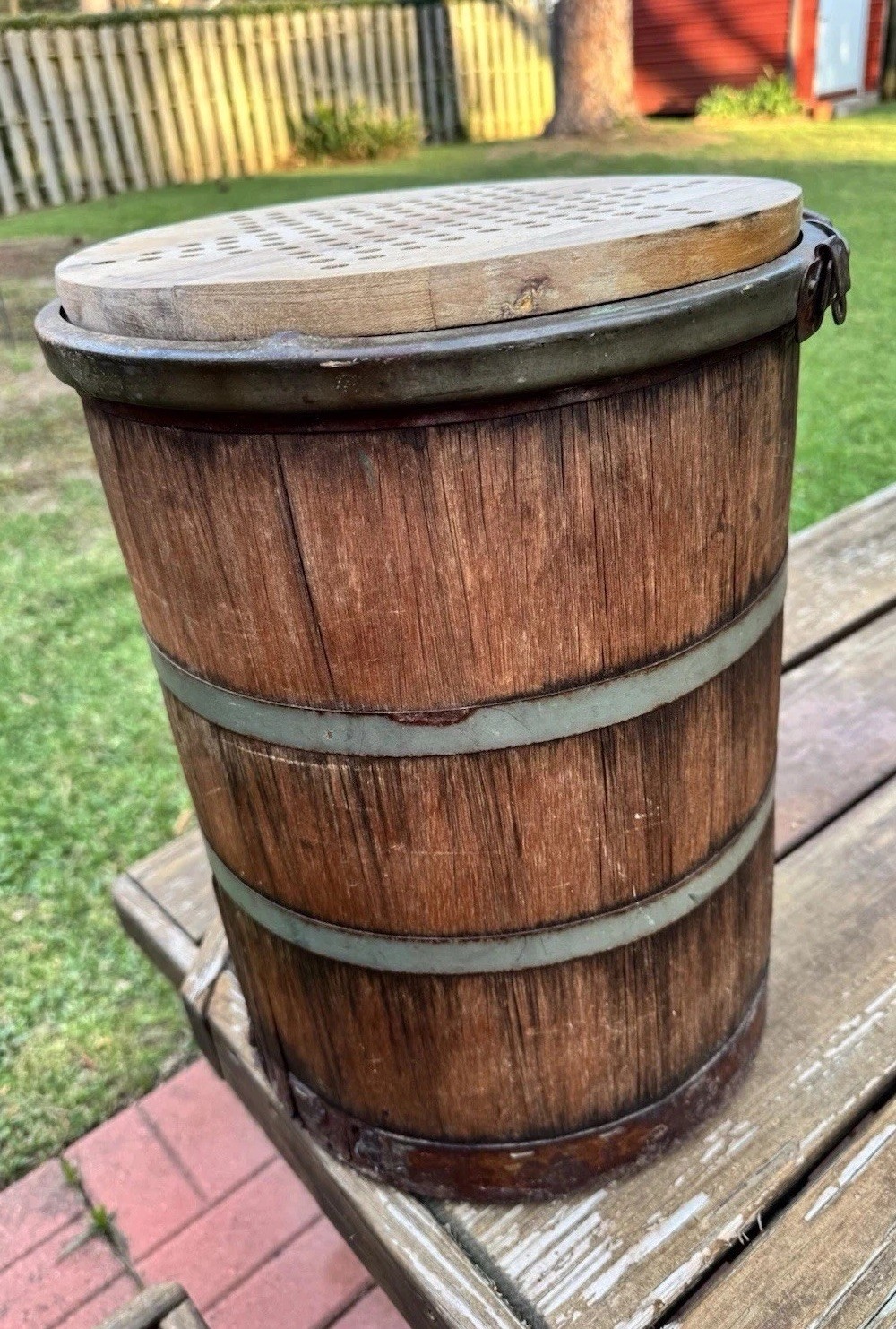 Antique Wooden Staved Steel Banded Barrel Primitive Vintage Rustic Keg