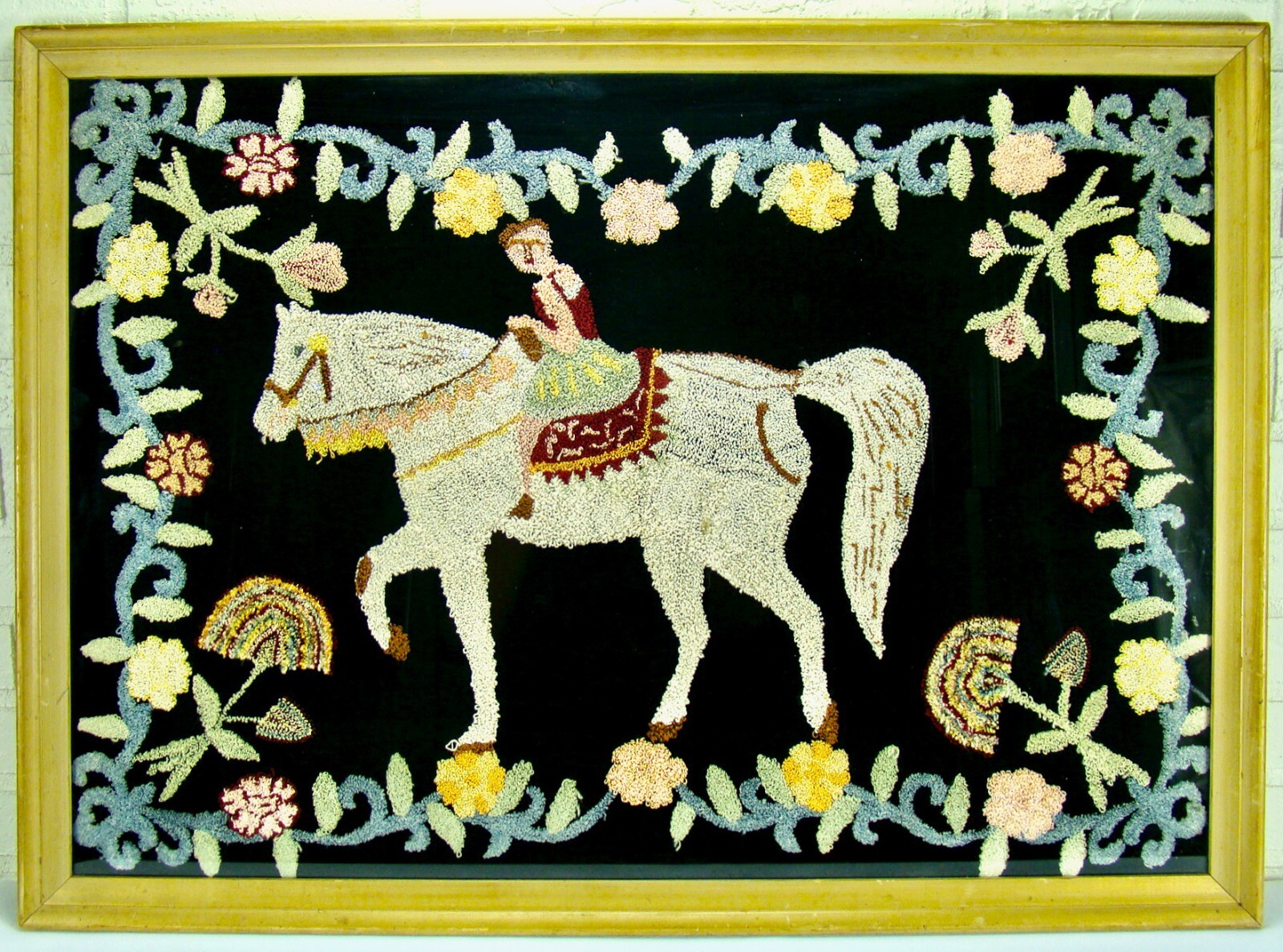 Rare & Unusual Antique American Folk Art Child Riding Horse Hooked Rug Carpet