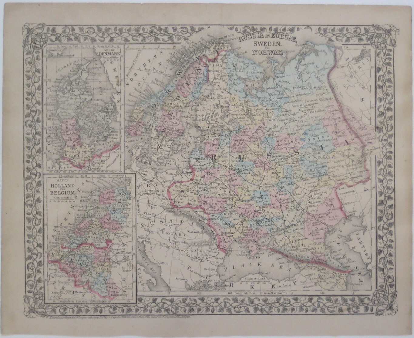 Original Handcolored 1878 Mitchell Map RUSSIA IN EUROPE SWEDEN NORWAY DENMARK