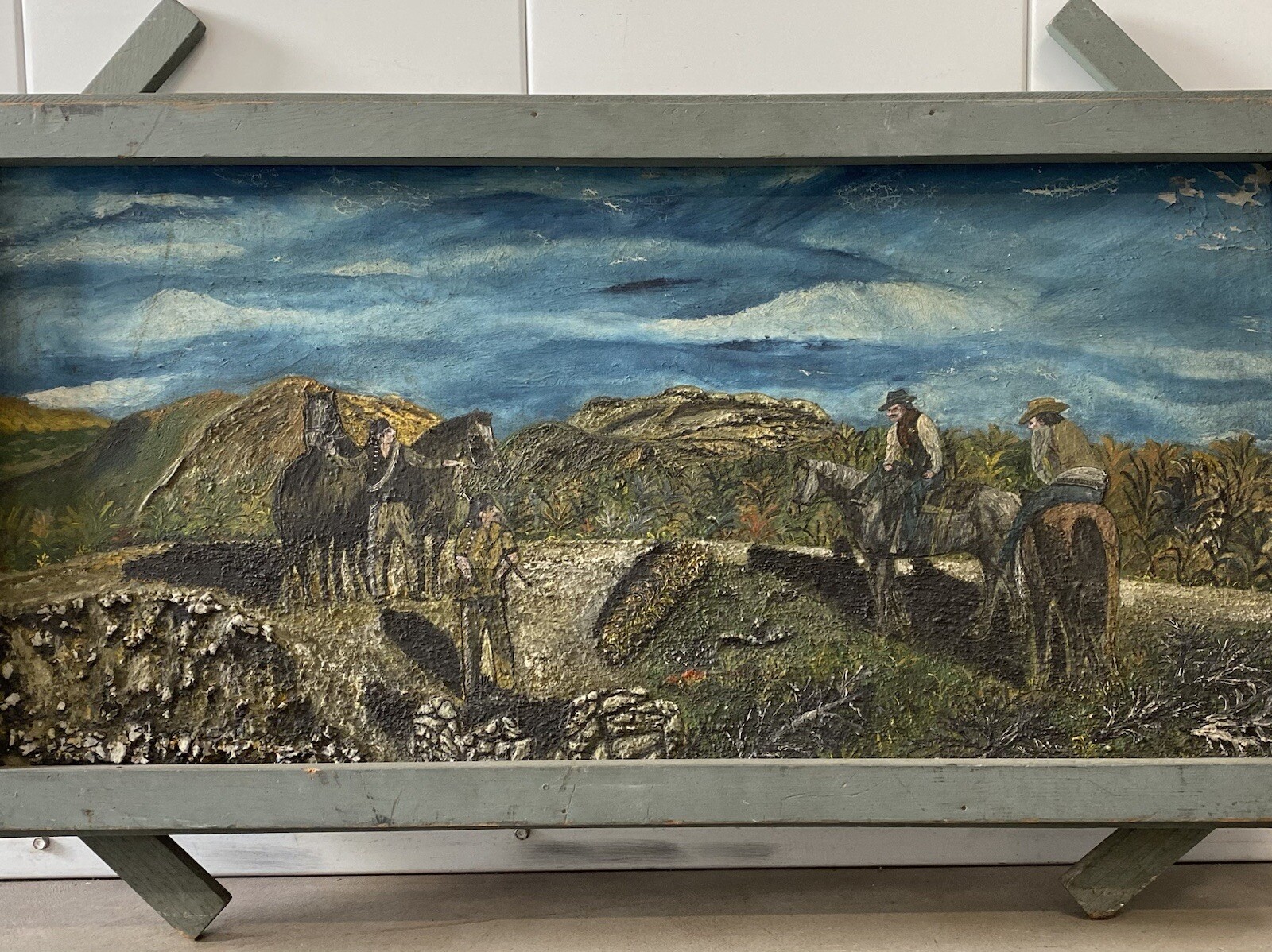 🔥 Unusual Antique Old American Folk Art Cowboy Indian Western Oil Painting 1930