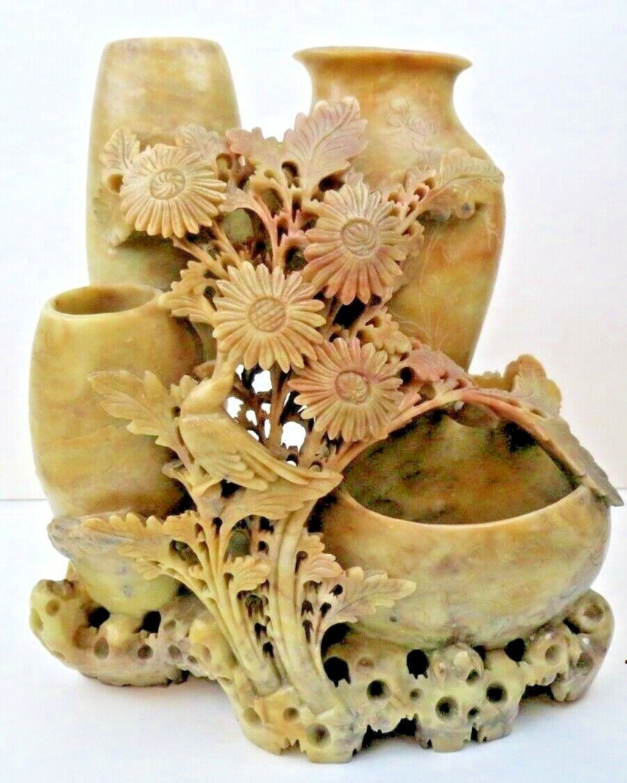 Elaborate Chinese Carved Soapstone Incised Brush Pot Vase Bird Flowers Large 8″