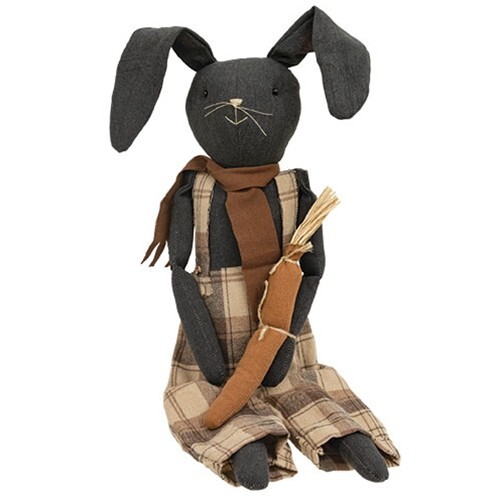 NEW Primitive BUNNY RABBIT Doll BLACK Rustic OVERALLS Country Rustic 26″ H 7″ W