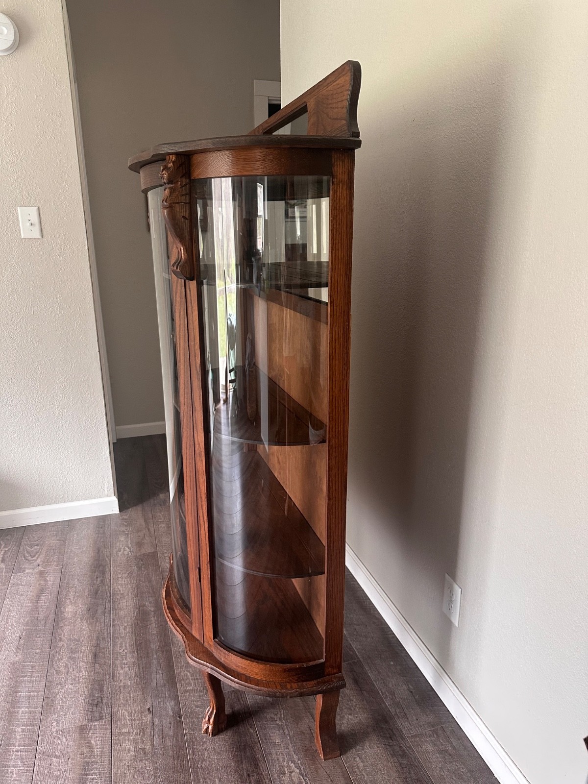 Antique Empire Oak Curved Bow-front Glass Curio Display Cabinet Paw Feet and Car