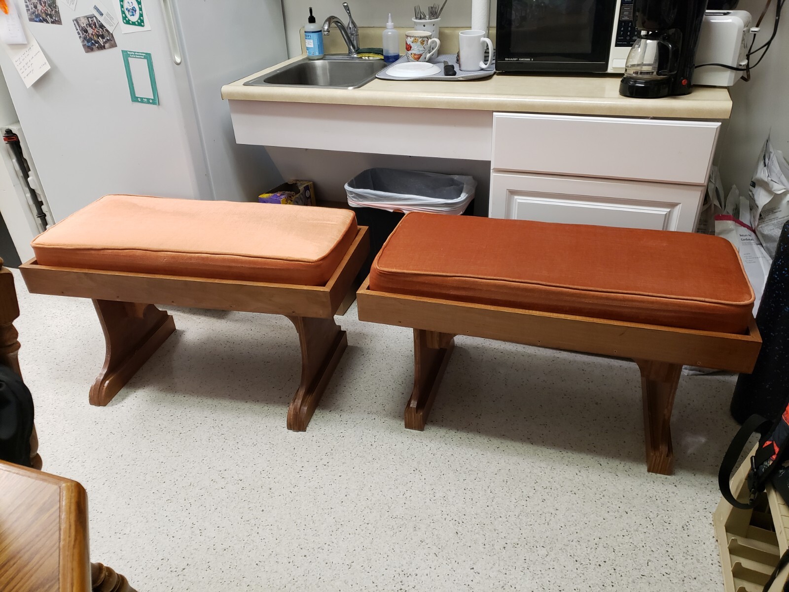 PAIR Of Vintage Orange Velvet & Wood Benches