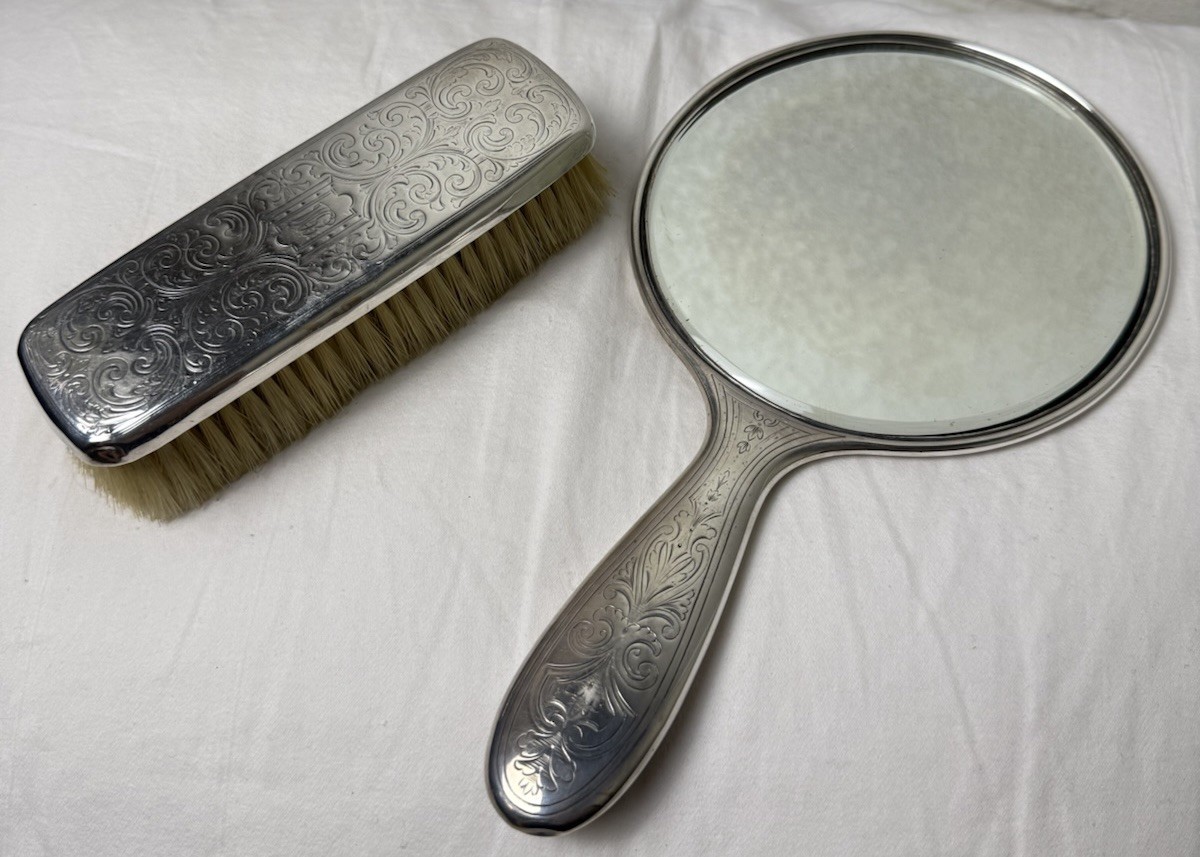 Antique Tiffany & Co Sterling Silver Hand Mirror & Brush Vanity Set 925 Makers