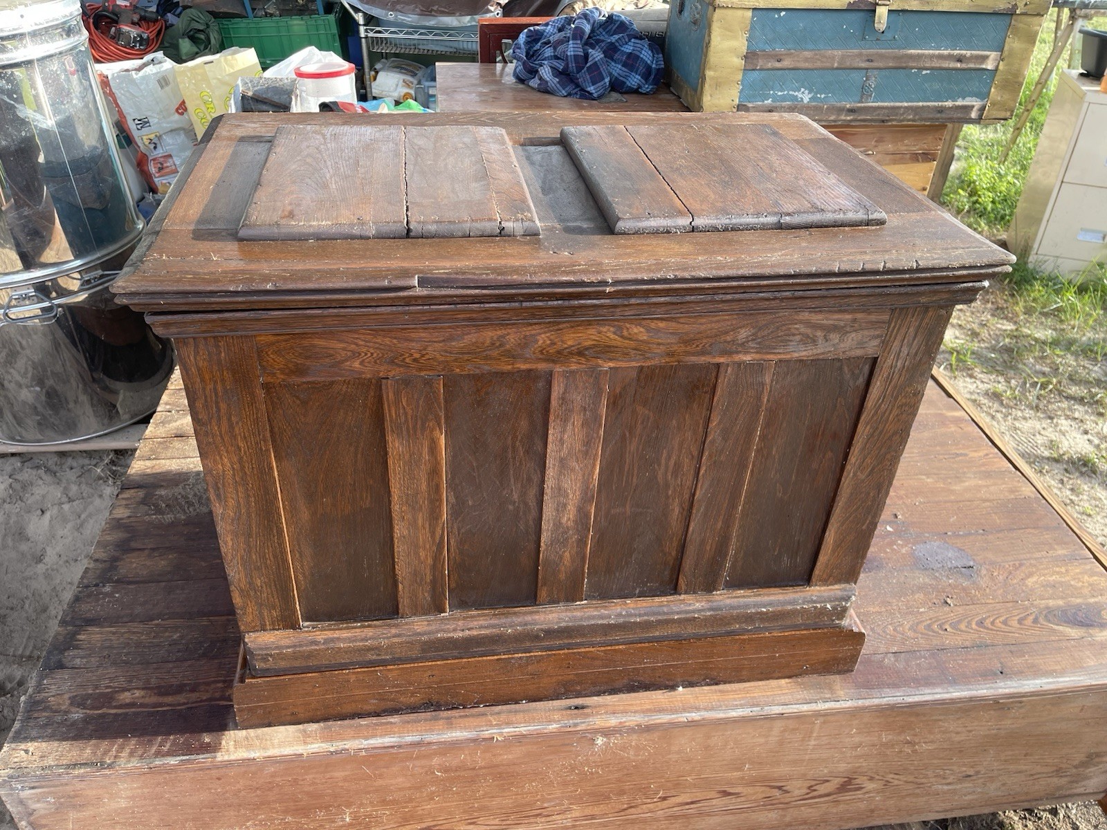 Antique Wooden Ice Chest Panel Design Original Metal Interior Early 1900s Rare