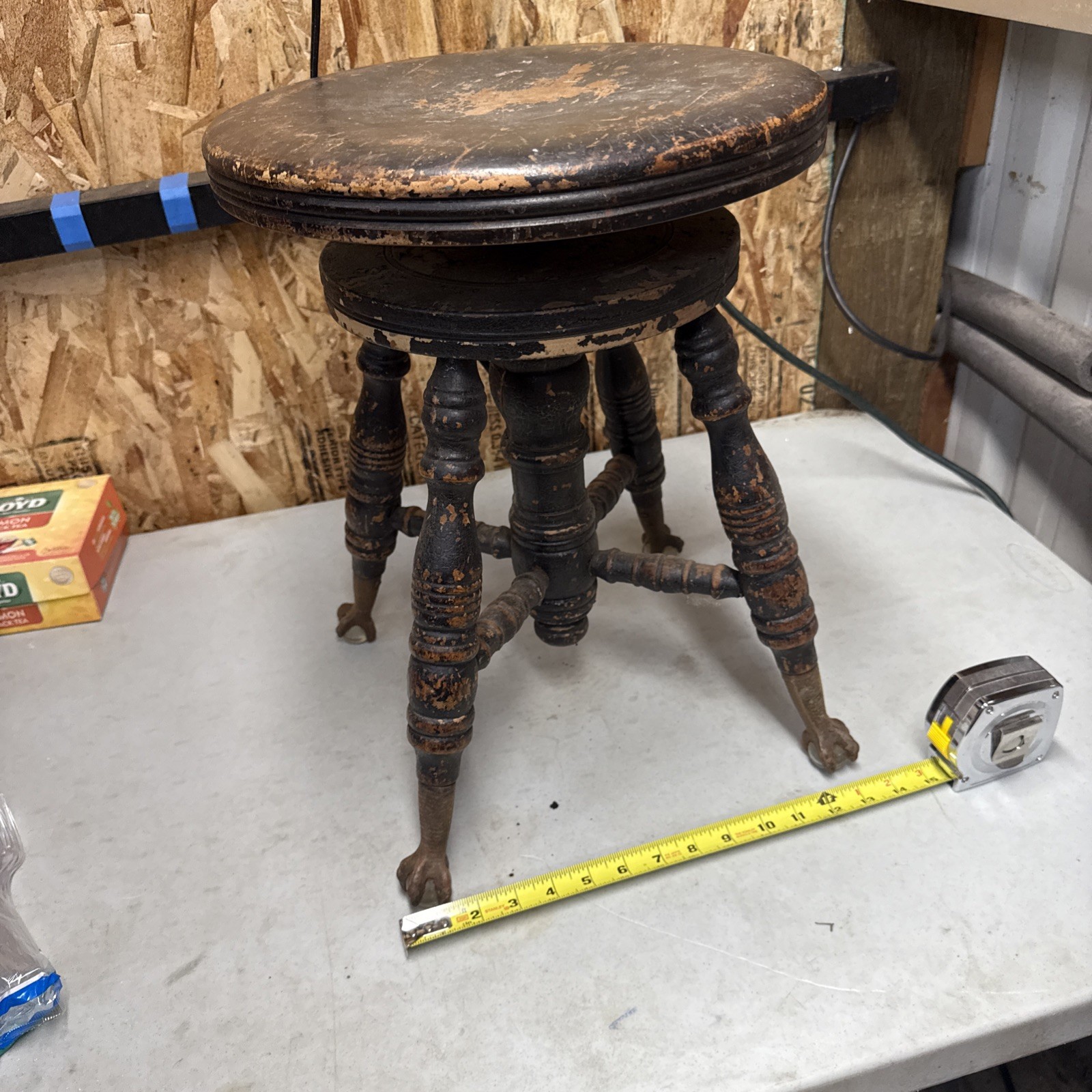 Antique Vintage Wooden Piano Stool Adjustable Seat Rare Claw Glass Ball Feet