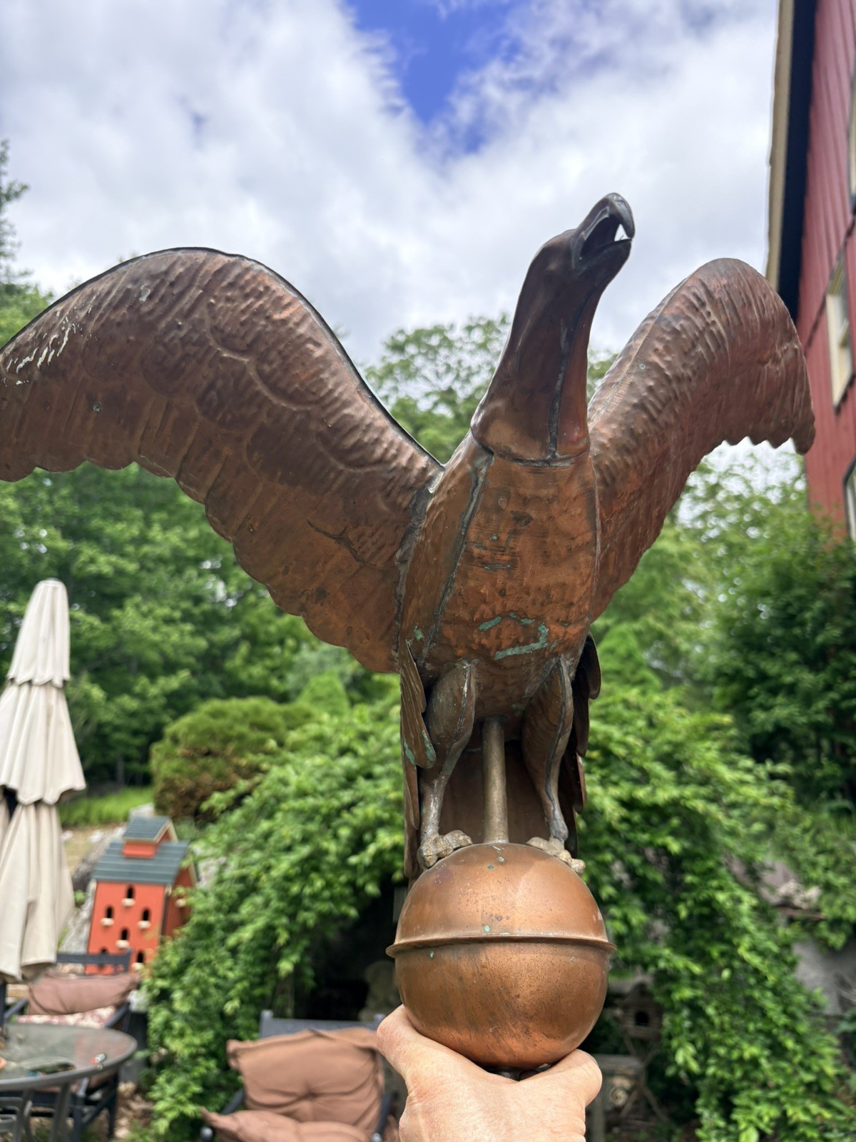Antique Copper Eagle Weathervane with Orb, Repoussé, ~24” Wingspan, 19th-20th C.