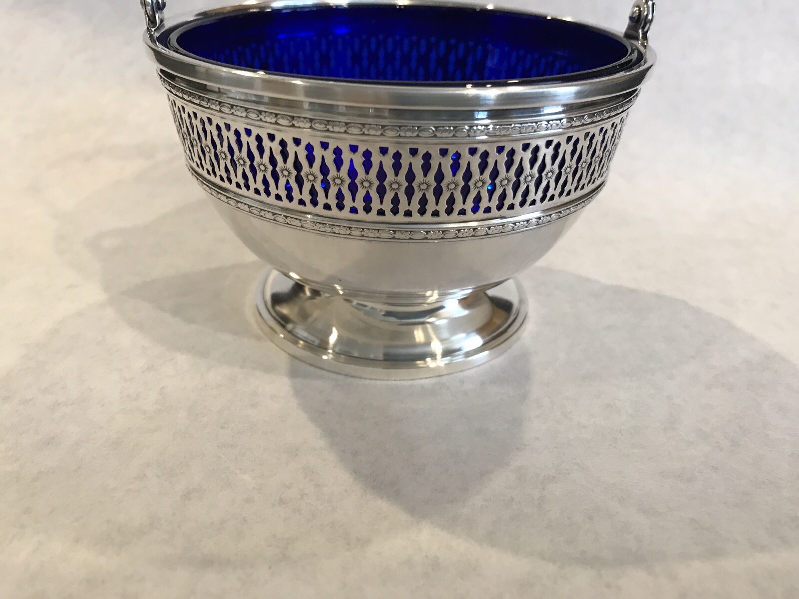 wallace Sterling Silver Reticulated Sugar Basket Cobalt Blue Glass Insert A404