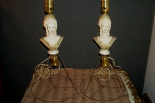 Cottagecore French Half Doll Caged Lamps Plaster HP Pompadour Lady 1920s Pair