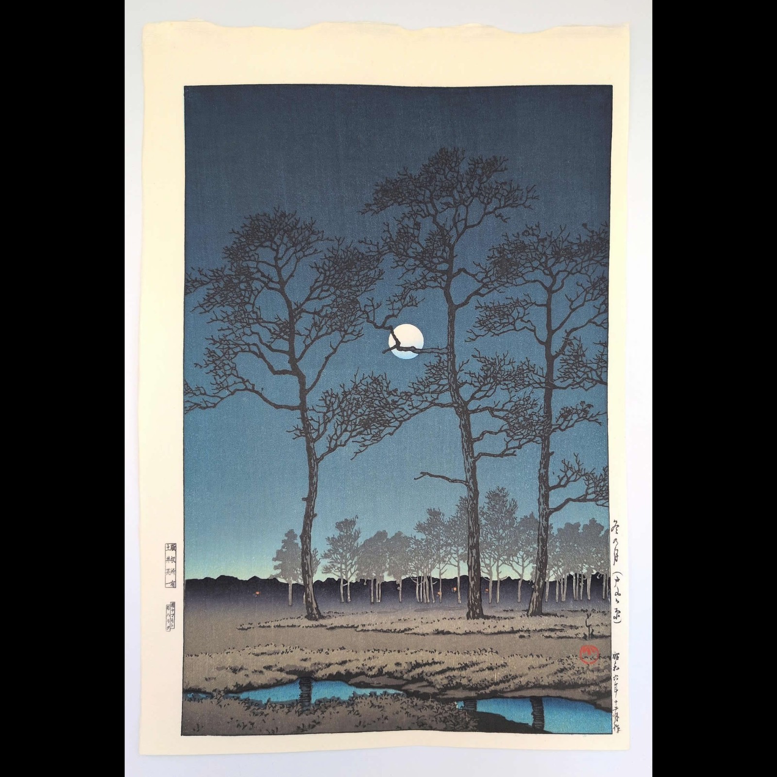 Hasui Kawase Winter Moon Toyamagahara, Tokyo Woodblock Print Shin Hanga JAPAN