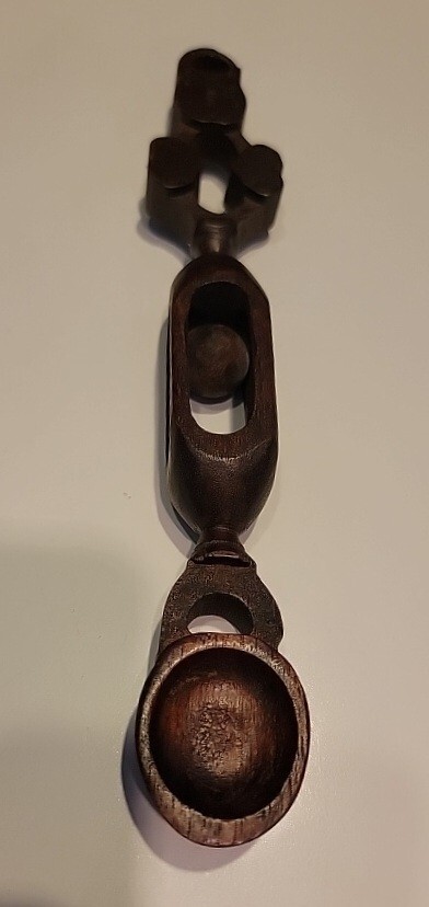 Hand Crafted Welsh Antique Wooden Love Spoon w/ Rolling Ball 9.5″