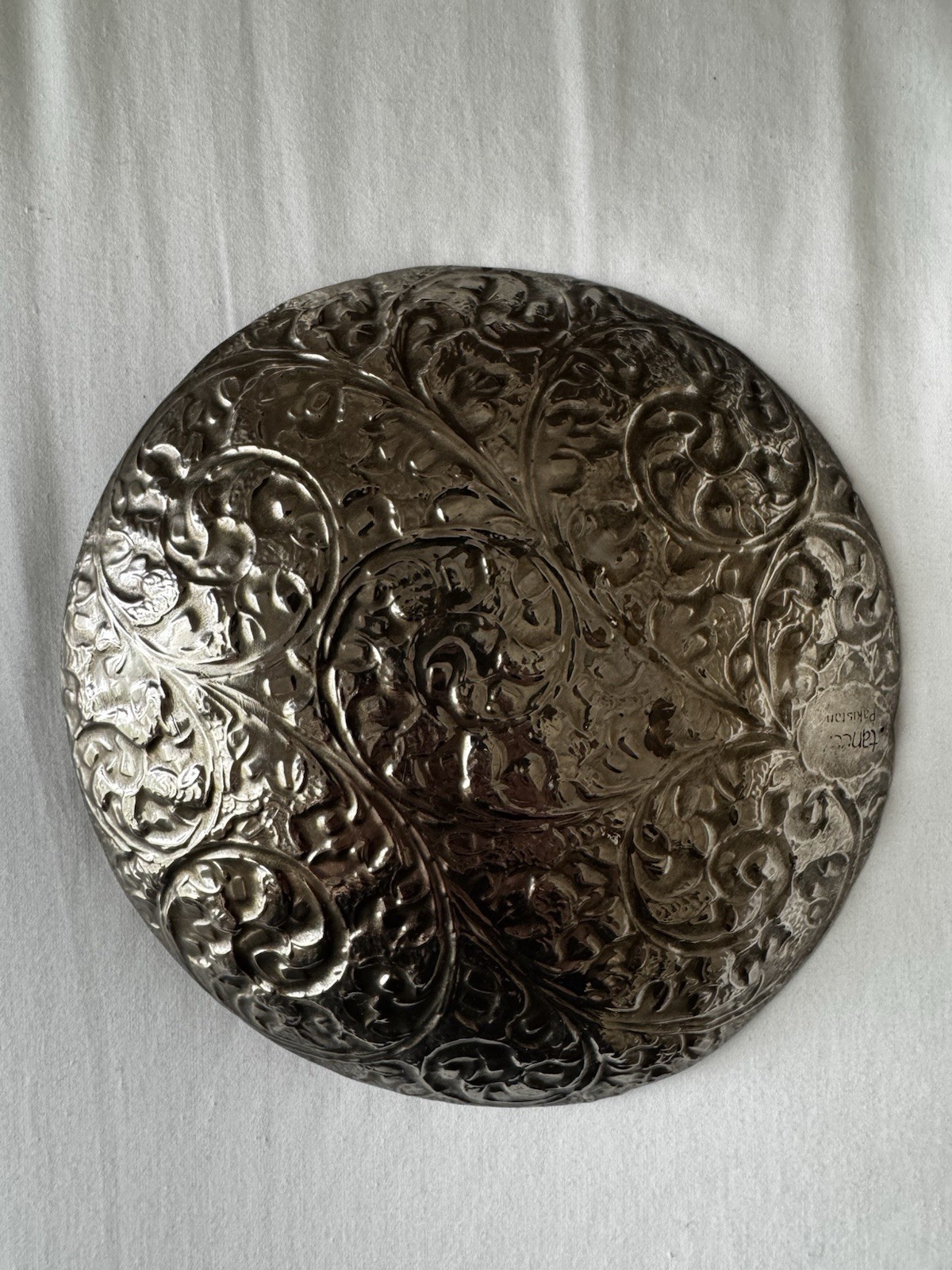 Silver Plated Decorative Plate with Green Stone and Engraved Floral Motifs
