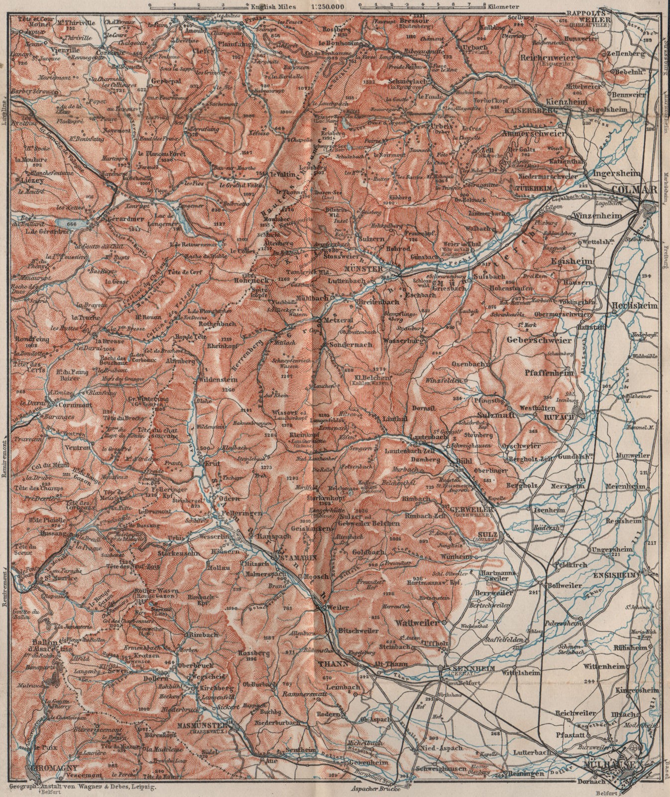 SOUTHERN VOSGES MOUNTAINS. Colmar Mulhouse. Haut-Rhin carte. BAEDEKER 1892 map