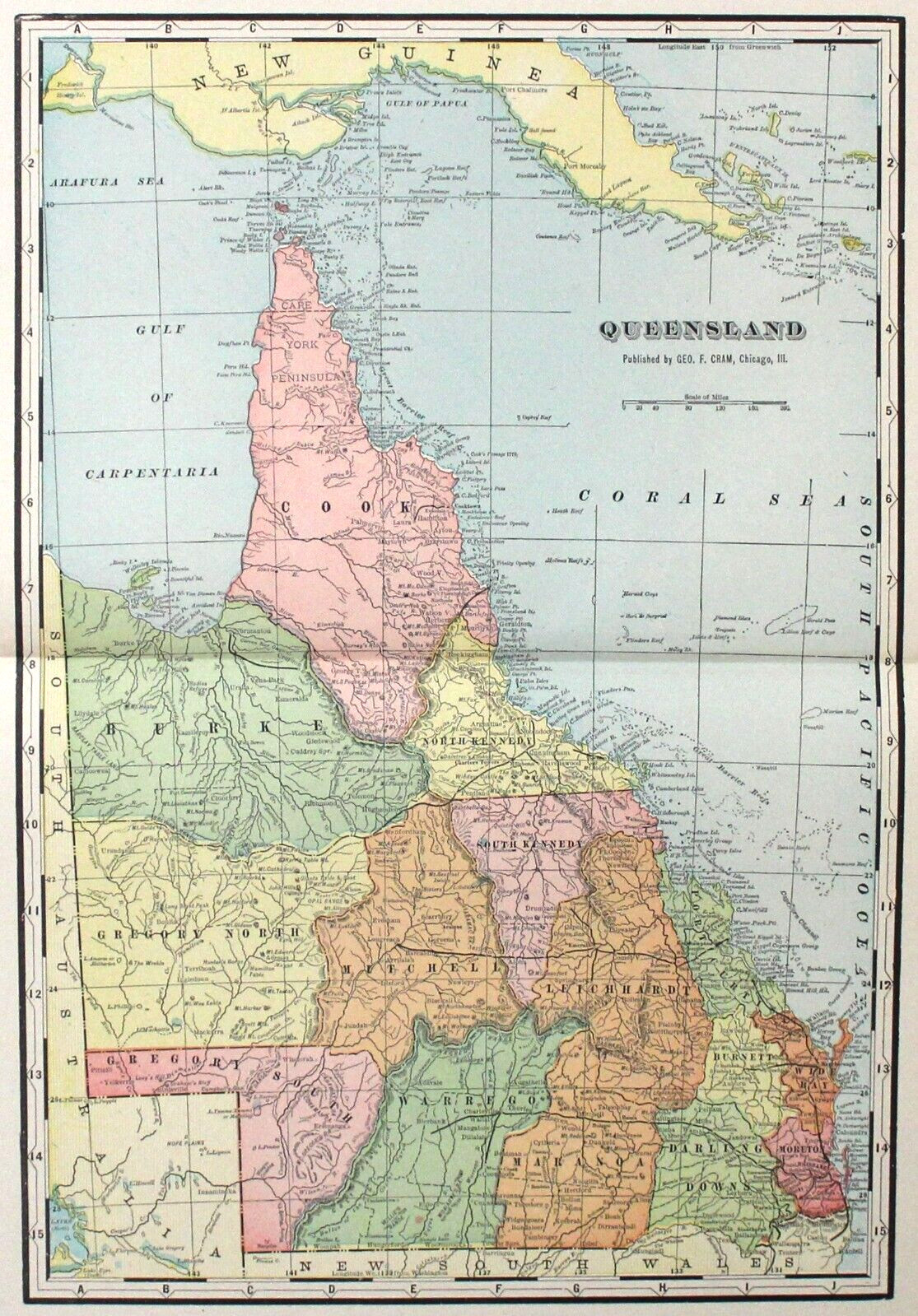 “QUEENSLAND” AUSTRALIA Antique authentic map 1907