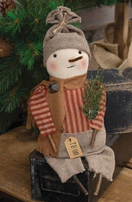 NEW PRIMITIVE SNOWMAN DOLL THOM Christmas 14″L x 5″ W x 3″D Winter Rustic Cloth