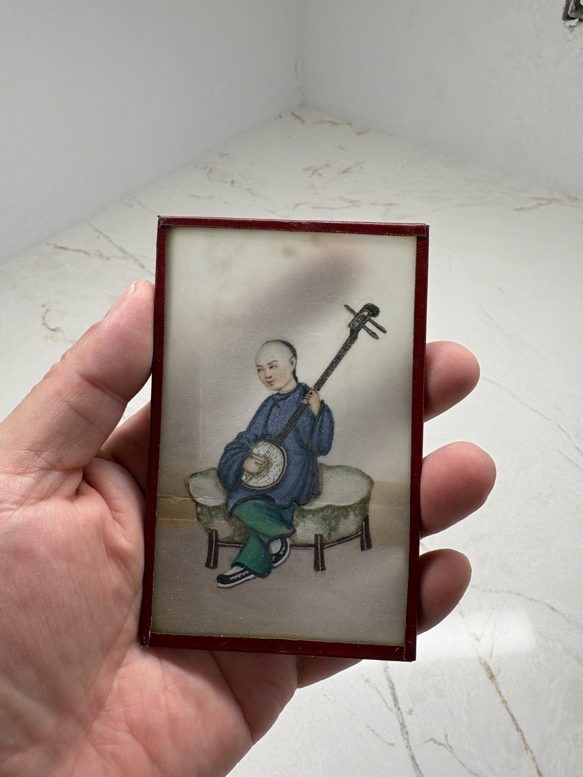 C19th Authentic Chinese Pith Paper Painting Mounted in Glass Frame, Male Musican