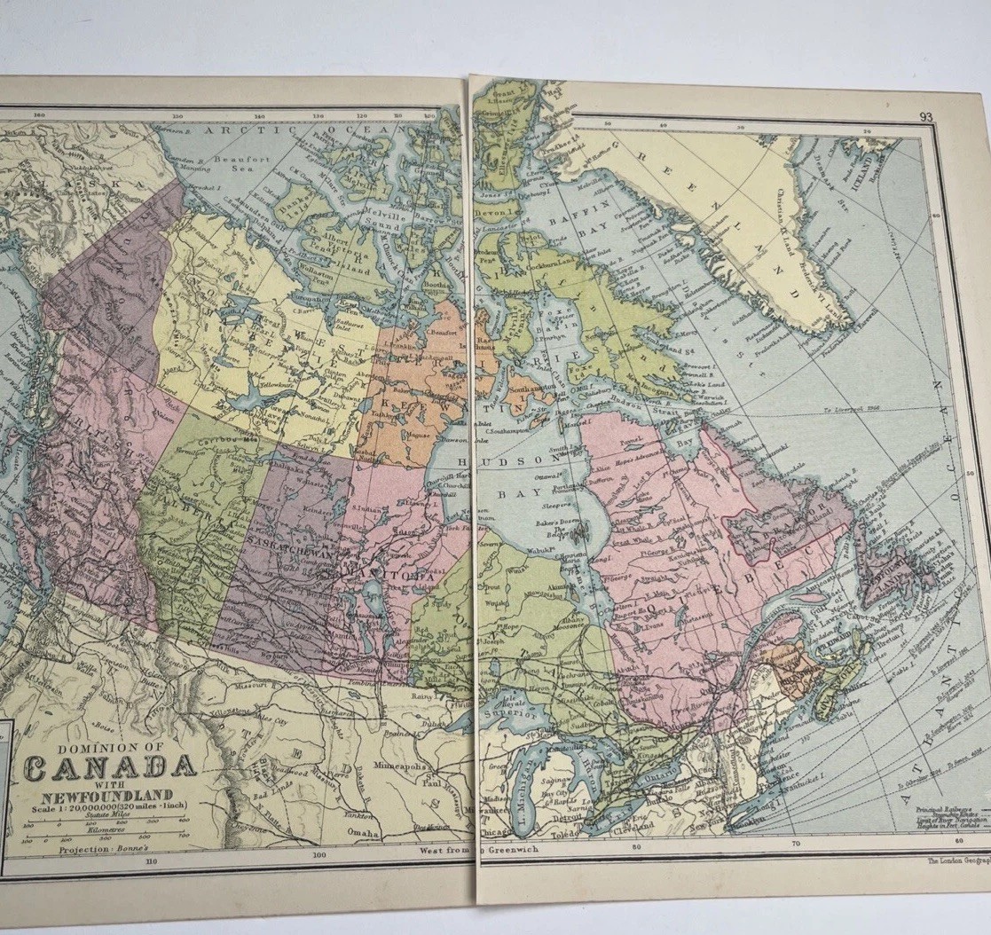 1930: Map Of Dominion Of Canada With NewFoundland PA #92/93 Vintage Print k
