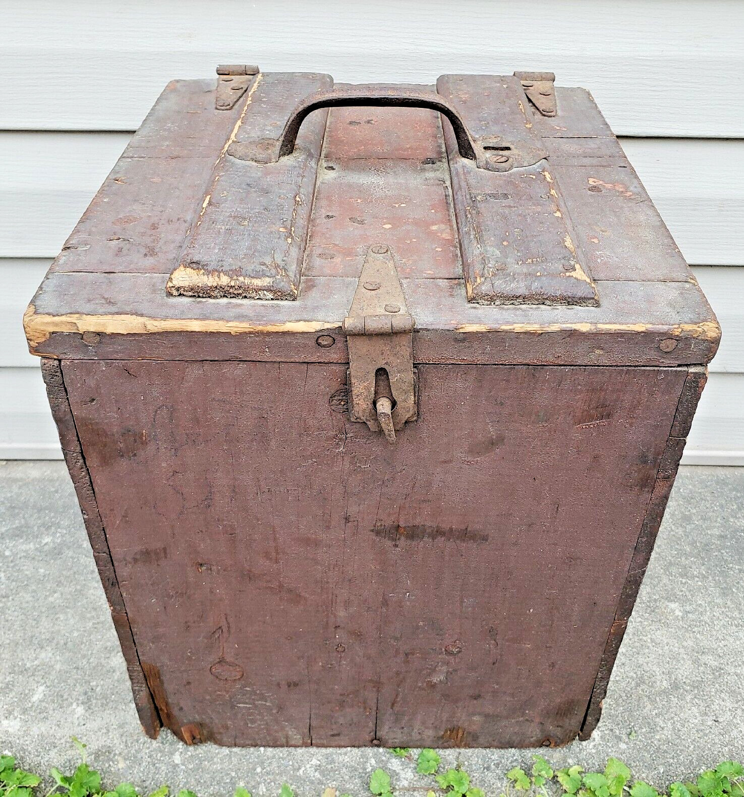 Antique Wooden Ammo Crate Primitive Oxblood Red Paint AAFA Rustic Tool Chest Box