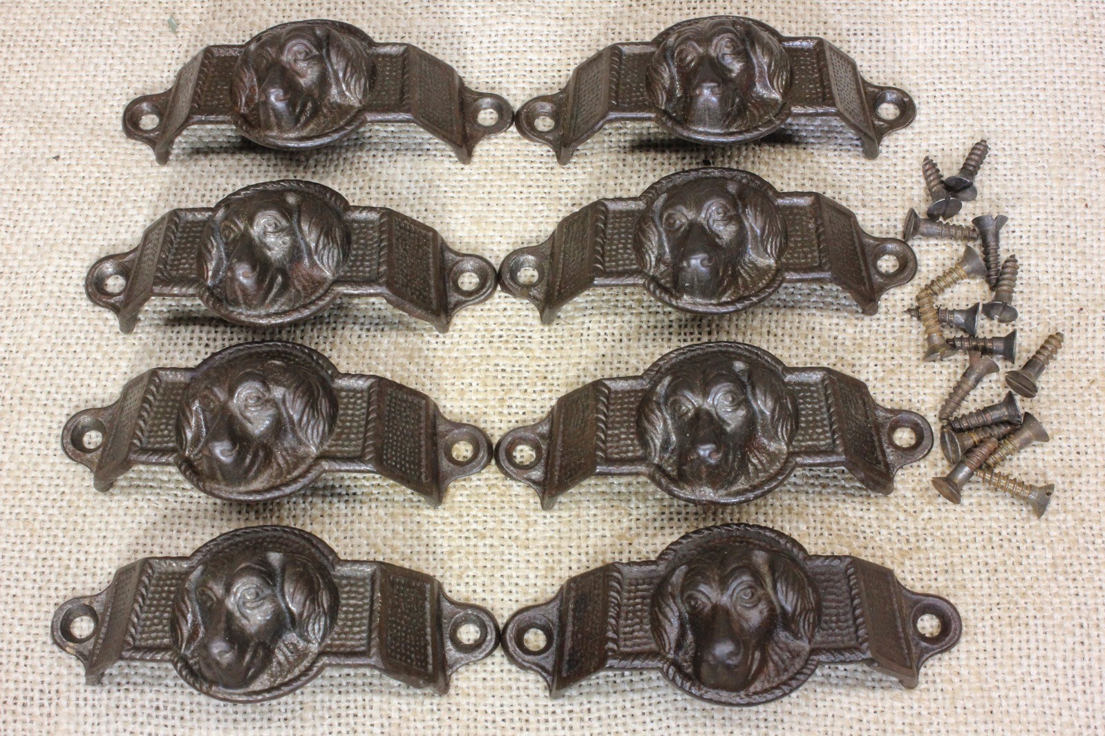 8 Old Hound Dog Doggie Antique Drawer Bin Pulls 3 1/2” Cast Iron Vintage 1897
