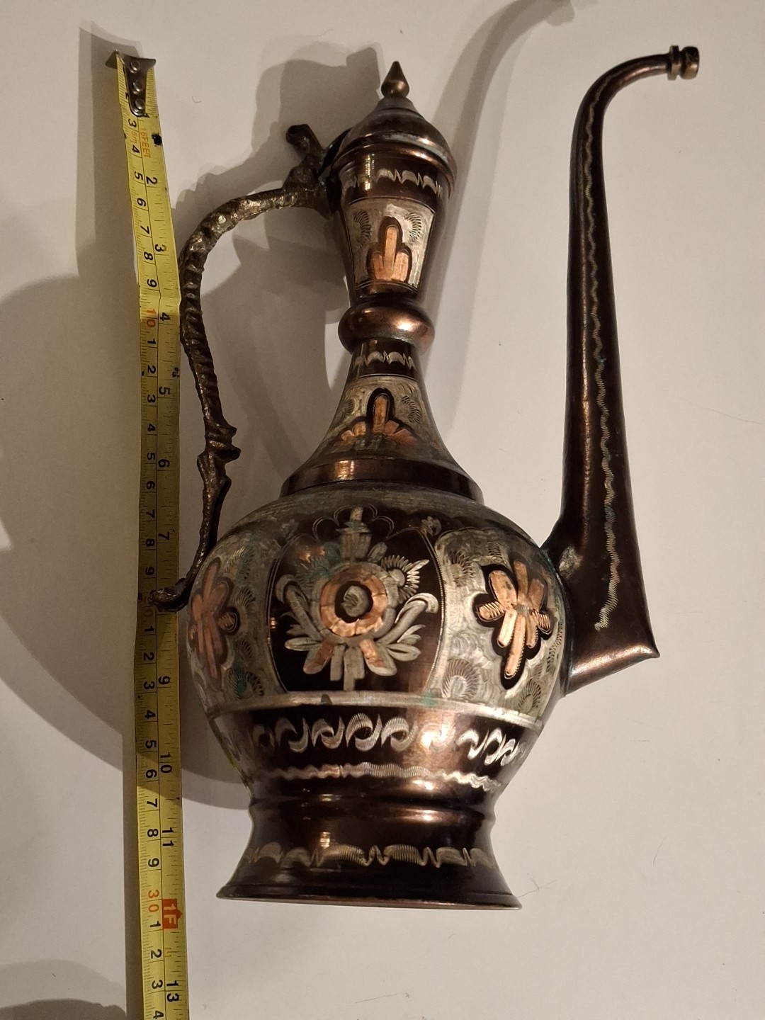 Traditional Middle Eastern Style Ewer Or Coffee Pot Etched Copper and Brass